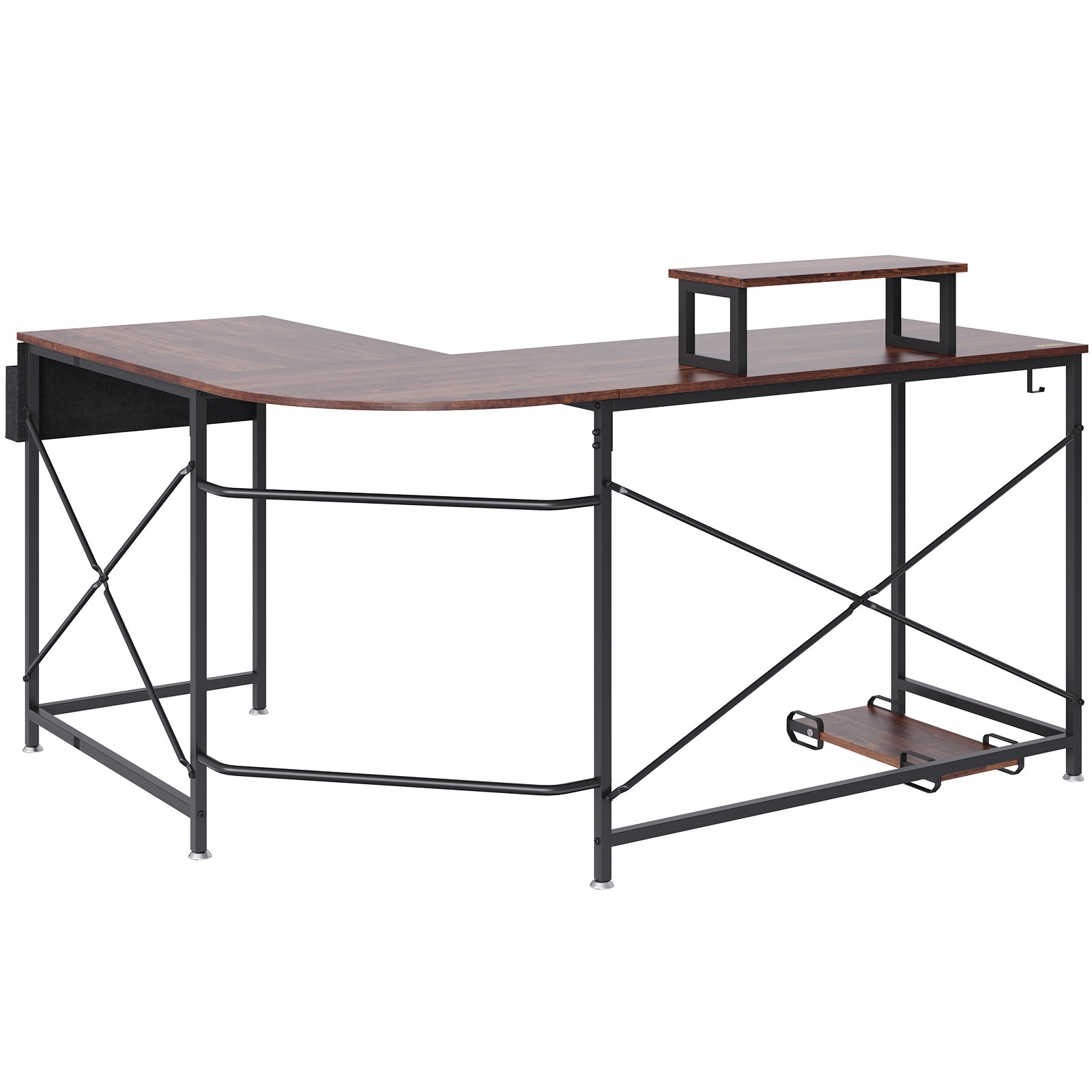 VEVOR Escritorio de Esquina 150x120x76 cm Carga de 90 kg Escritorio en Forma de L con Bolsa de Almacenamiento, Elevador de Monitor y Soporte de CPU Mesa de Ordenador para Estudio Trabajo Casa Marrón