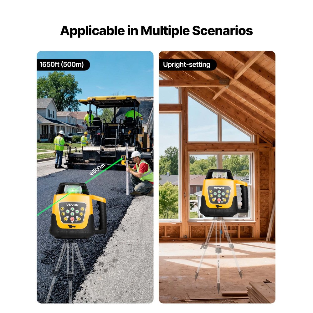 VEVOR Kit de Nivel Láser Giratorio, Haz Verde, Alcance 500 m, Inclinación Ajustable, Giro de 360 Grados, Autonivelación, Ángulo de Escaneo Flexible, Precisión, con Receptor de Control Remoto