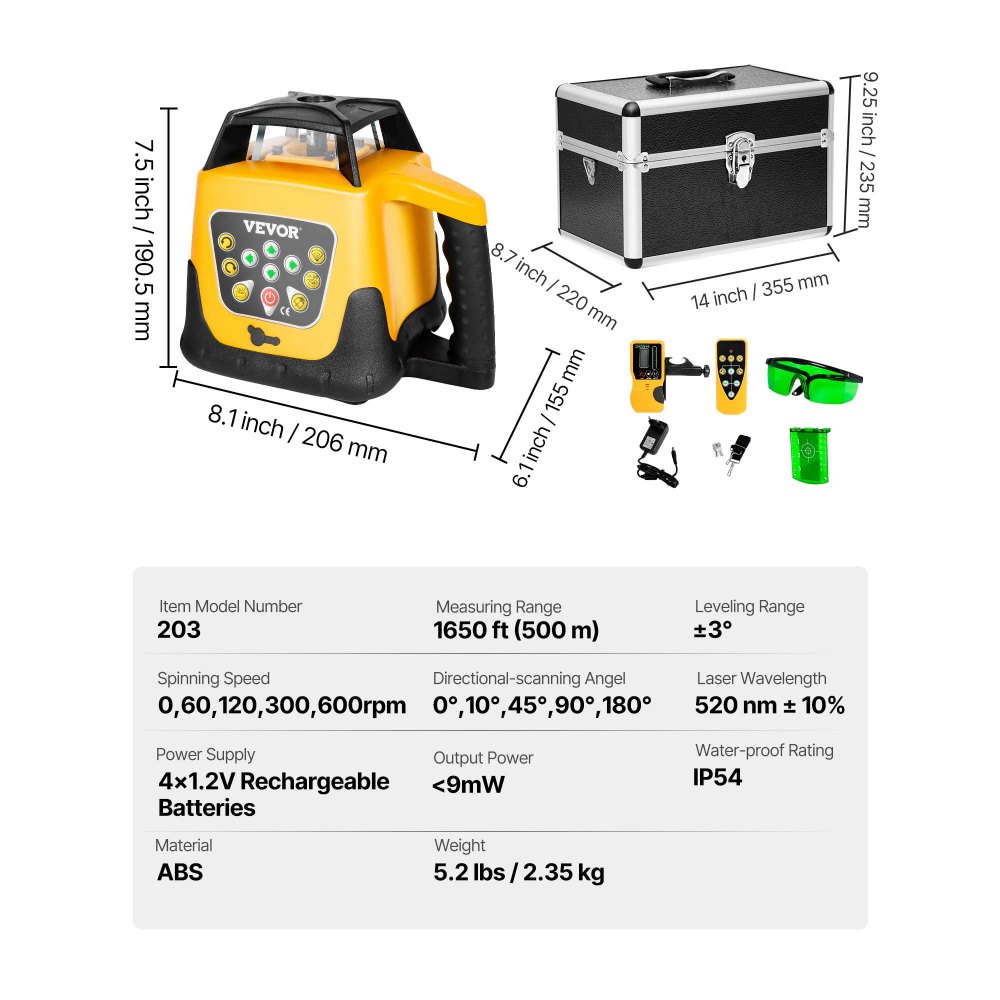 VEVOR Kit de Nivel Láser Giratorio, Haz Verde, Alcance 500 m, Inclinación Ajustable, Giro de 360 Grados, Autonivelación, Ángulo de Escaneo Flexible, Precisión, con Receptor de Control Remoto