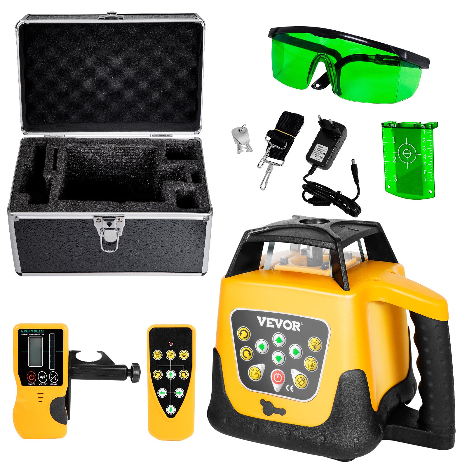 VEVOR Kit de Nivel Láser Giratorio, Haz Verde, Alcance 500 m, Inclinación Ajustable, Giro de 360 Grados, Autonivelación, Ángulo de Escaneo Flexible, Precisión, con Receptor de Control Remoto