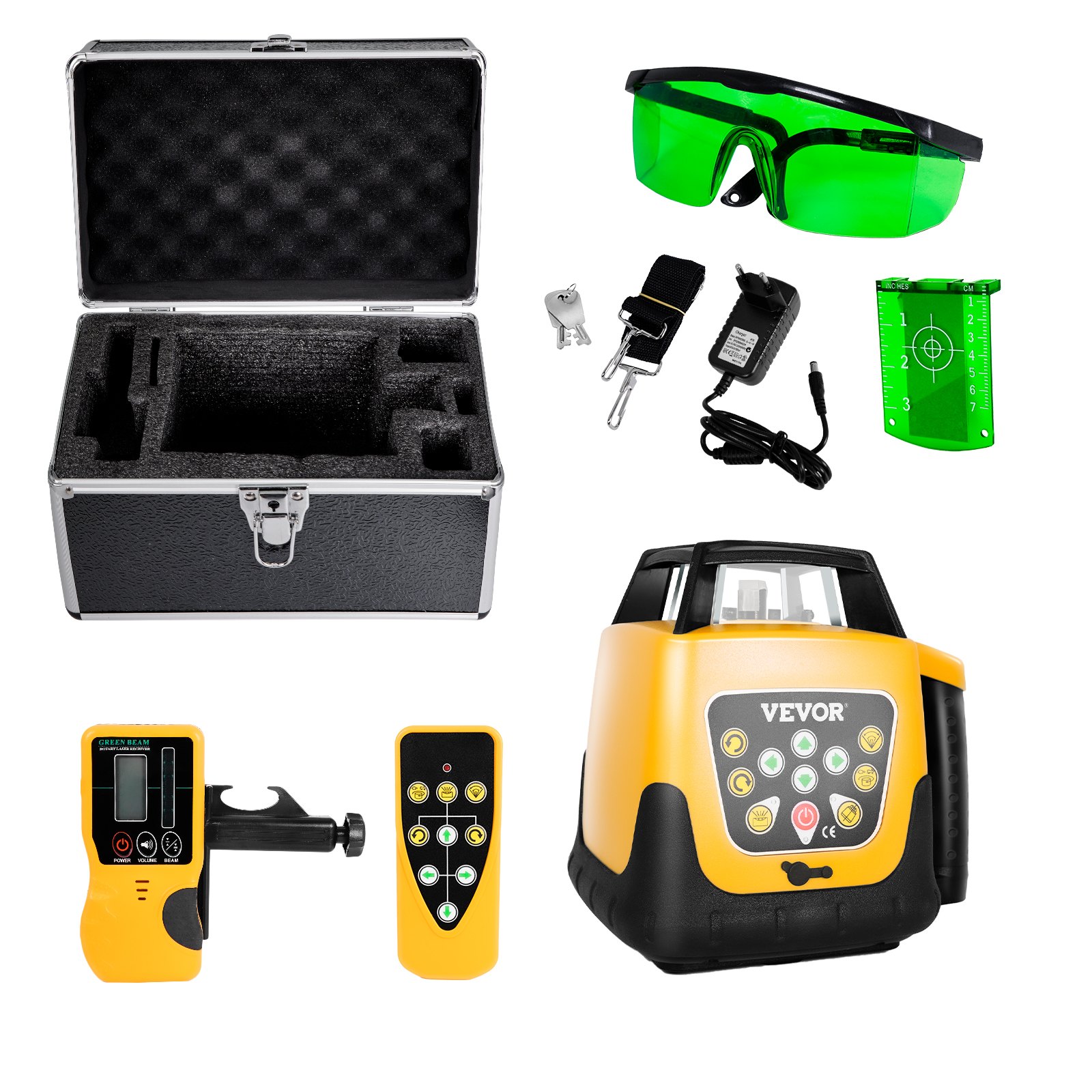 VEVOR Kit de Nivel Láser Giratorio, Haz Verde, Alcance 500 m, Inclinación Ajustable, Giro de 360 Grados, Autonivelación, Ángulo de Escaneo Flexible, Precisión, con Receptor de Control Remoto