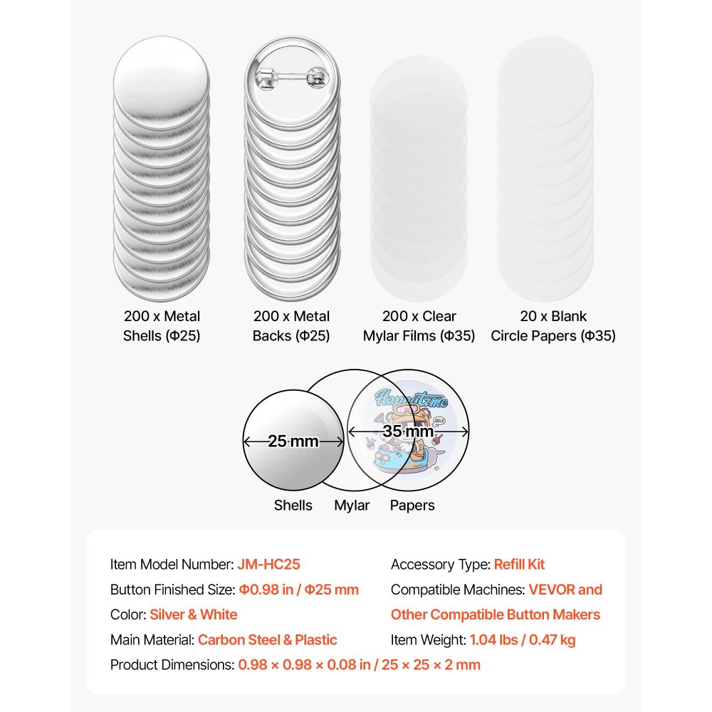 VEVOR Juego de 200 Chapas para Hacer 25 mm Pines Personalizados con Alfiler, Chapas Personalizadas de Metal, con Papeles Redondos en Blanco Película de Insignia, Botones para Crear Regalos Bricolaje