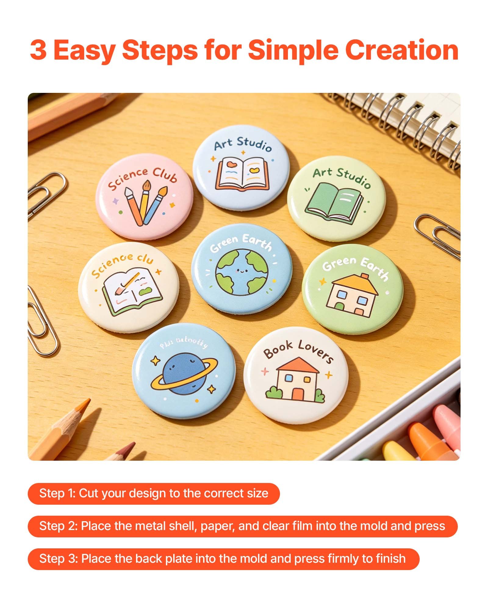 VEVOR Juego de 200 Chapas para Hacer 25 mm Pines Personalizados con Alfiler, Chapas Personalizadas de Metal, con Papeles Redondos en Blanco Película de Insignia, Botones para Crear Regalos Bricolaje