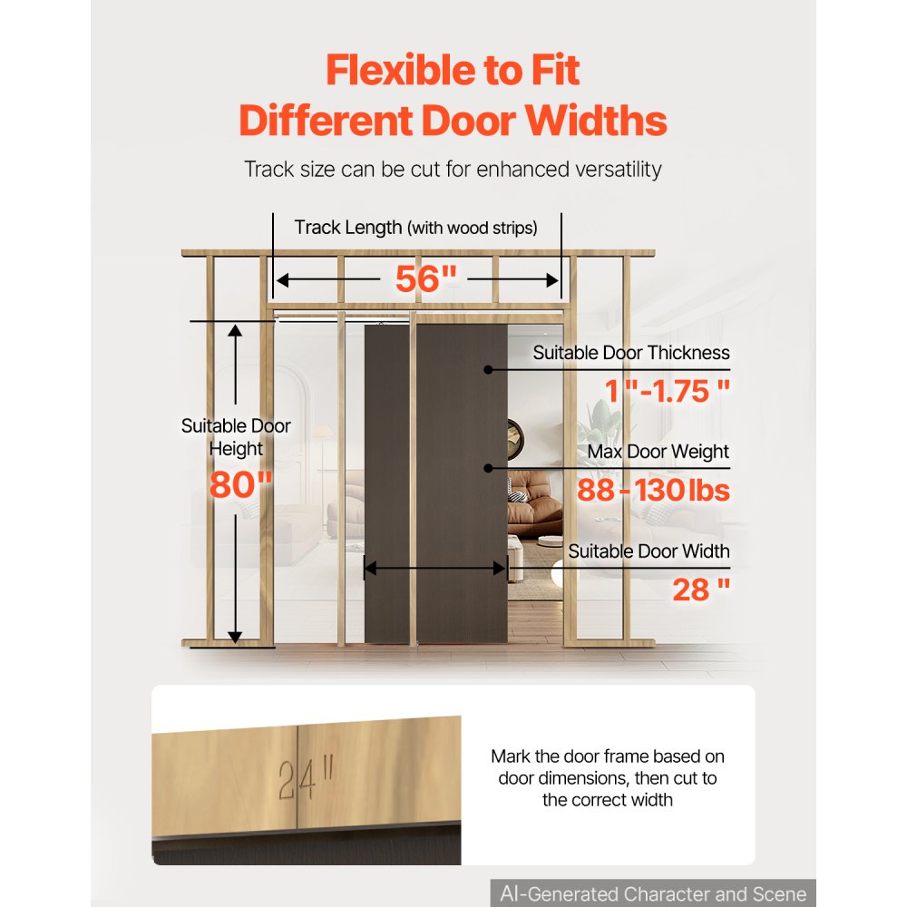 VEVOR Kit de Marco para Puerta Corredera Anchura 711,2 mm Altura 2032 mm, para Hogar, Diseño Empotrado, Material de Madera y Acero, Rodillo de 3 Ruedas, Kit Completo de Accesorios, Ahorra Espacio