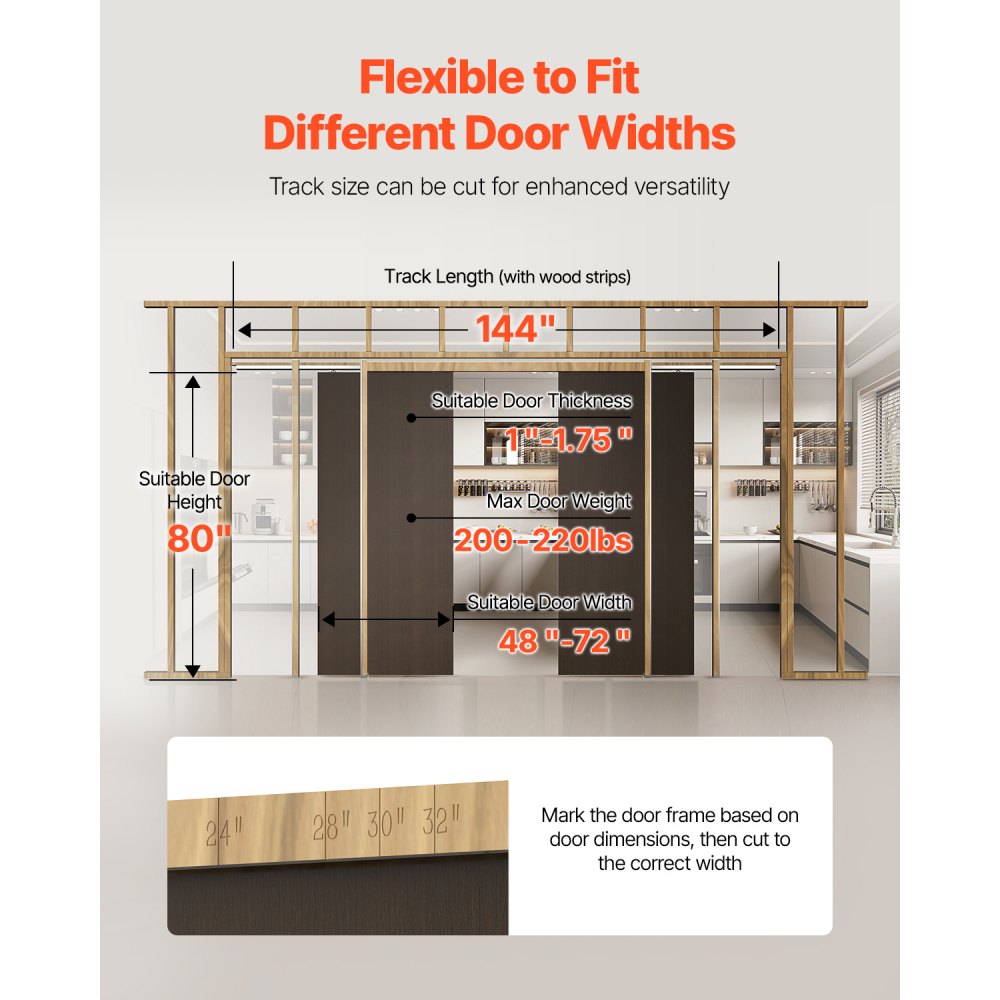 VEVOR Pocket Door Frame Kit, for 1219-1829mm Wide 2032mm High Door, Pocket Door Kit with Two-Way Soft Close Mechanism, Slide Smoothly Quietly, Easy to Install, Wood and Galvanized Steel, for Bedroom