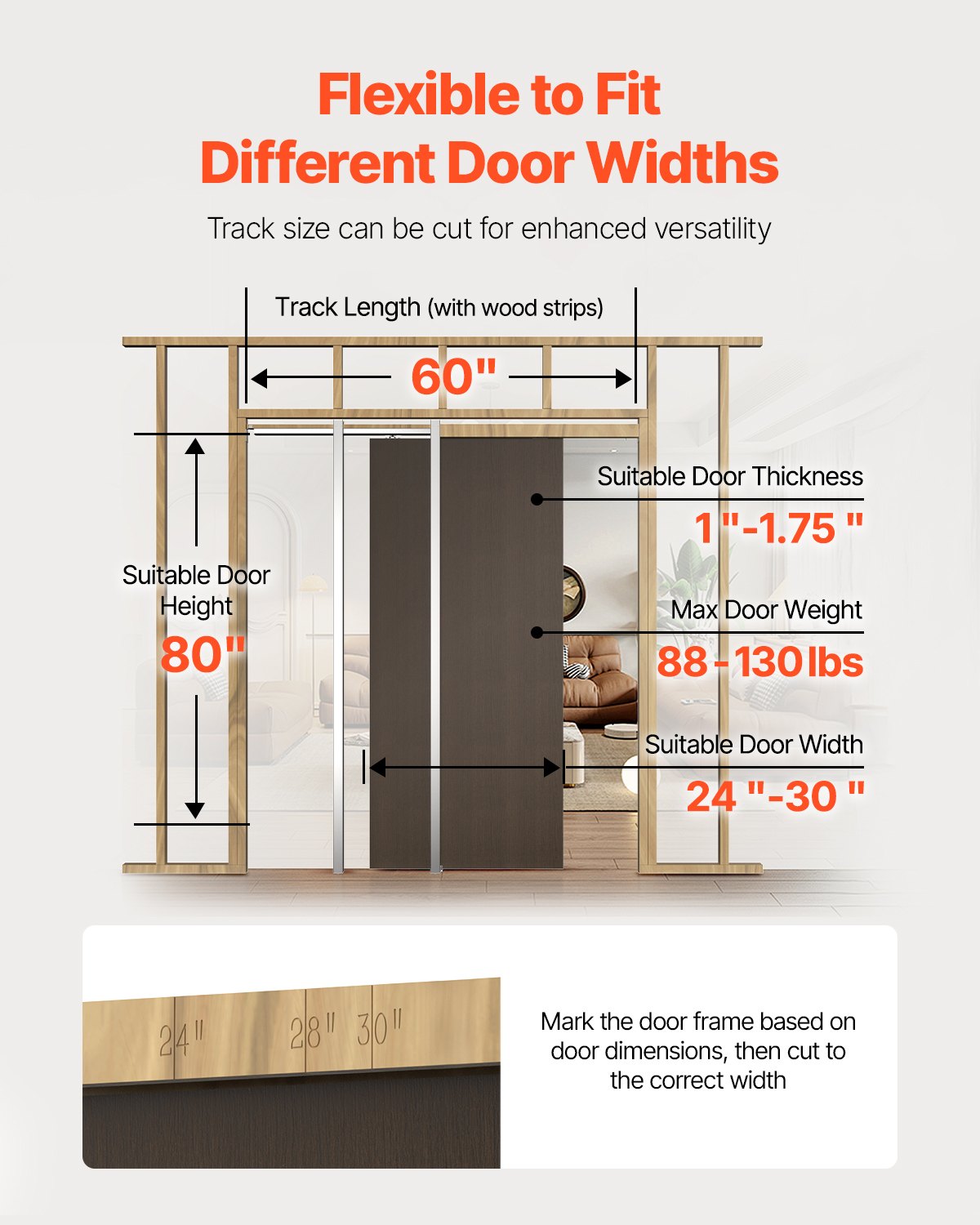 VEVOR Pocket Door Frame Kit, for 610-762mm Wide 2032mm High Door, Pocket Door Kit with Two-Way Soft Close Mechanism, Slide Smoothly Quietly, Easy to Install, Premium Galvanized Steel, for Living Room