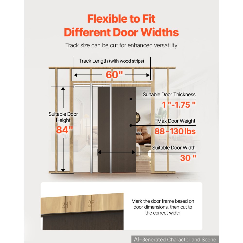 VEVOR Kit de Marco de Puerta Corredera 2133,6 x 762 mm Montaje Empotrado, para Hogar, Mecanismo de Cierre Bidireccional, Rieles de Acero Galvanizado, Kit Completo de Accesorios, Instalación Invisible