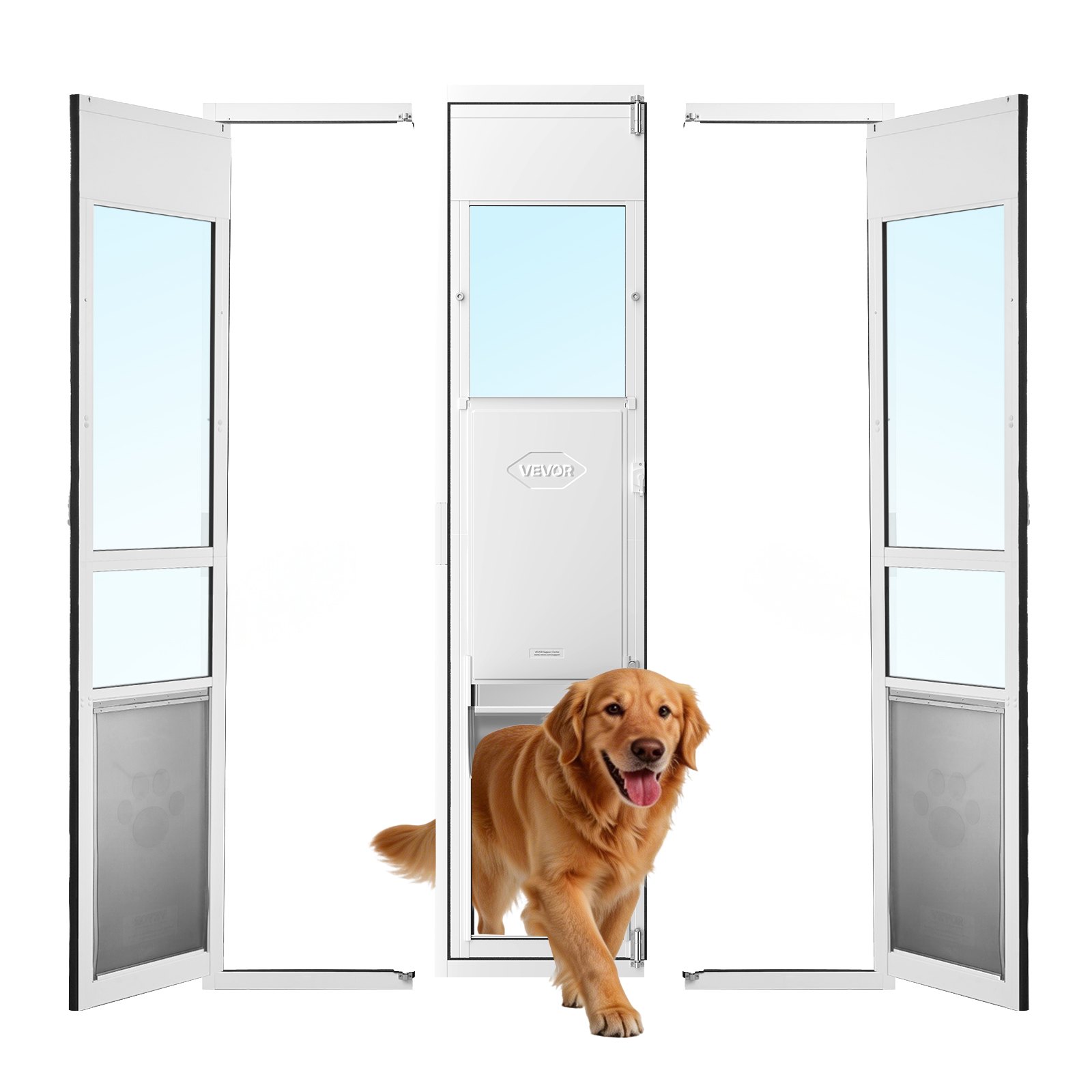 VEVOR Puerta Abatible de Vidrio con Entrada para Perros, 180° Altura Ajustable, Marco de Aleación de Aluminio, Puerta para Mascota 34,6 x 60 cm con Cerradura Magnética, Compatible con Perros Grandes