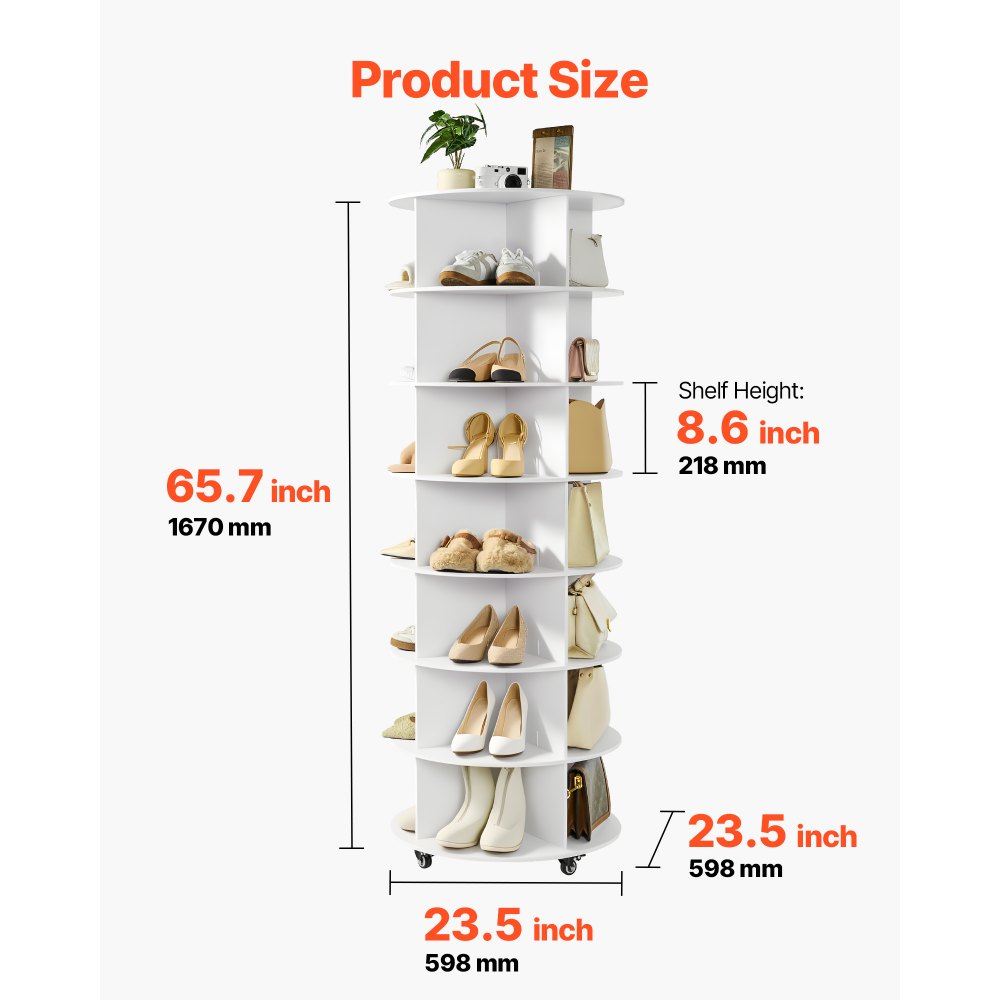 VEVOR Zapatero para 28 Pares de Zapatos, 7 Estantes y 4 Compartimentos, Giratorio 360°, con Ruedas Móviles, Ideal para Dormitorio, Sala de Estar o Recibidor Color Blanco, 598 x 598 x 1670 mm.