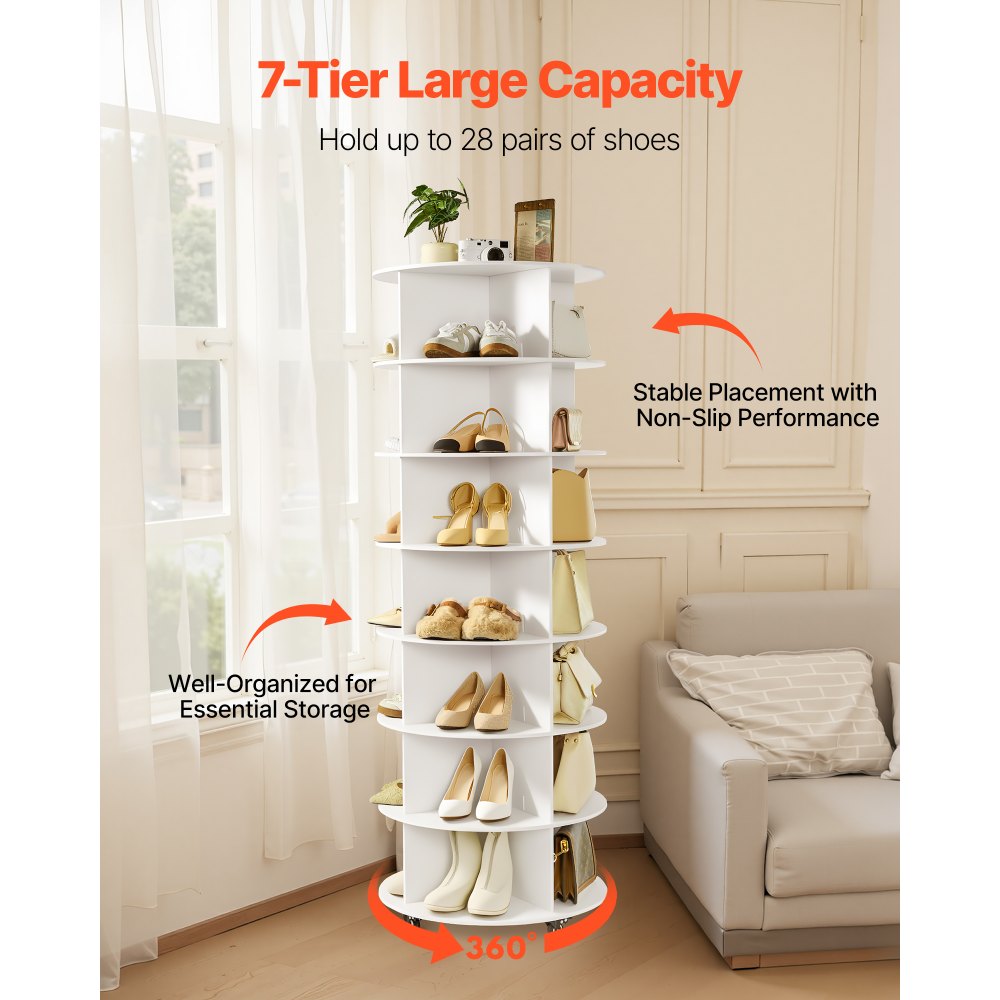 VEVOR Zapatero para 28 Pares de Zapatos, 7 Estantes y 4 Compartimentos, Giratorio 360°, con Ruedas Móviles, Ideal para Dormitorio, Sala de Estar o Recibidor Color Blanco, 598 x 598 x 1670 mm.