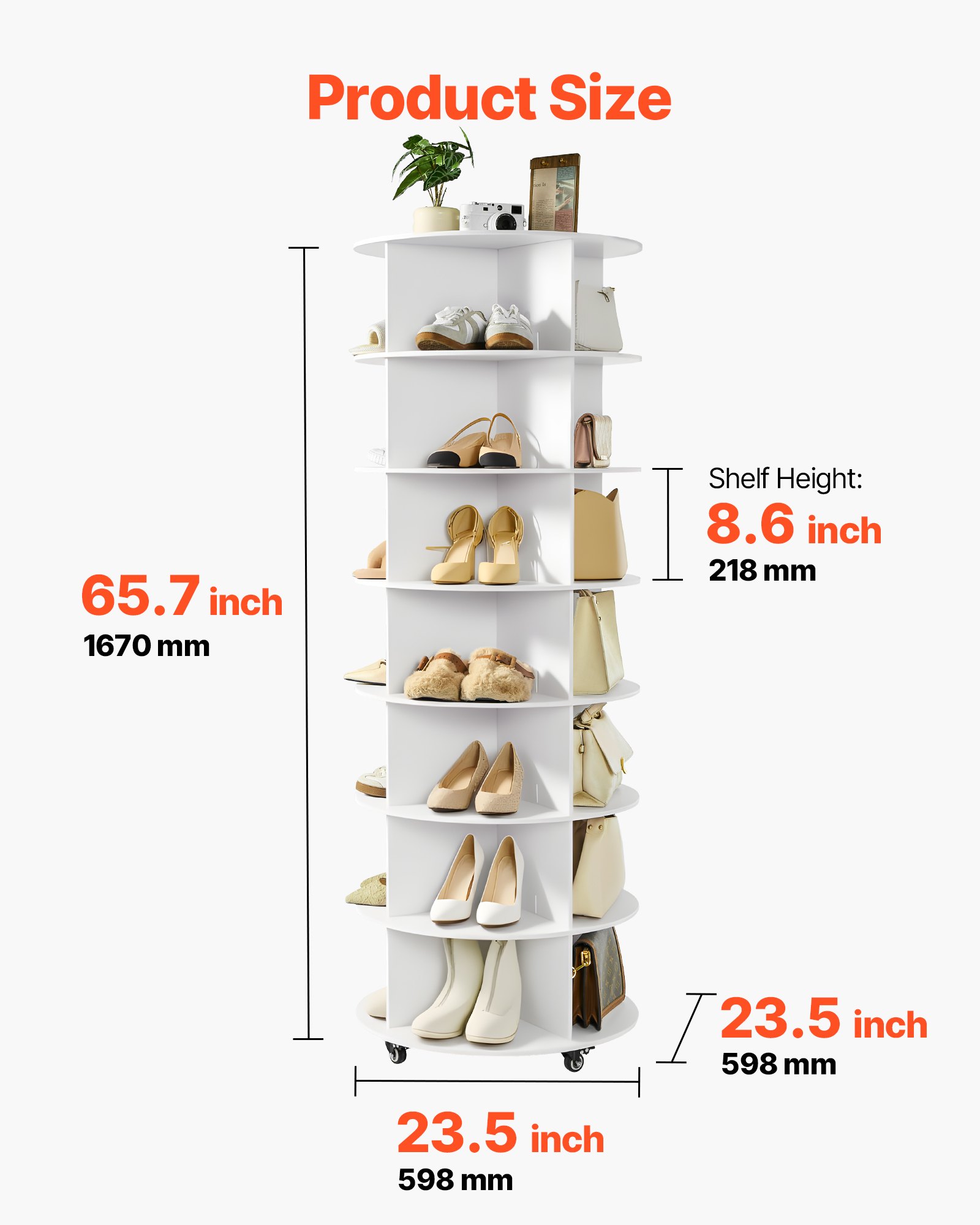VEVOR Zapatero para 28 Pares de Zapatos, 7 Estantes y 4 Compartimentos, Giratorio 360°, con Ruedas Móviles, Ideal para Dormitorio, Sala de Estar o Recibidor Color Blanco, 598 x 598 x 1670 mm.