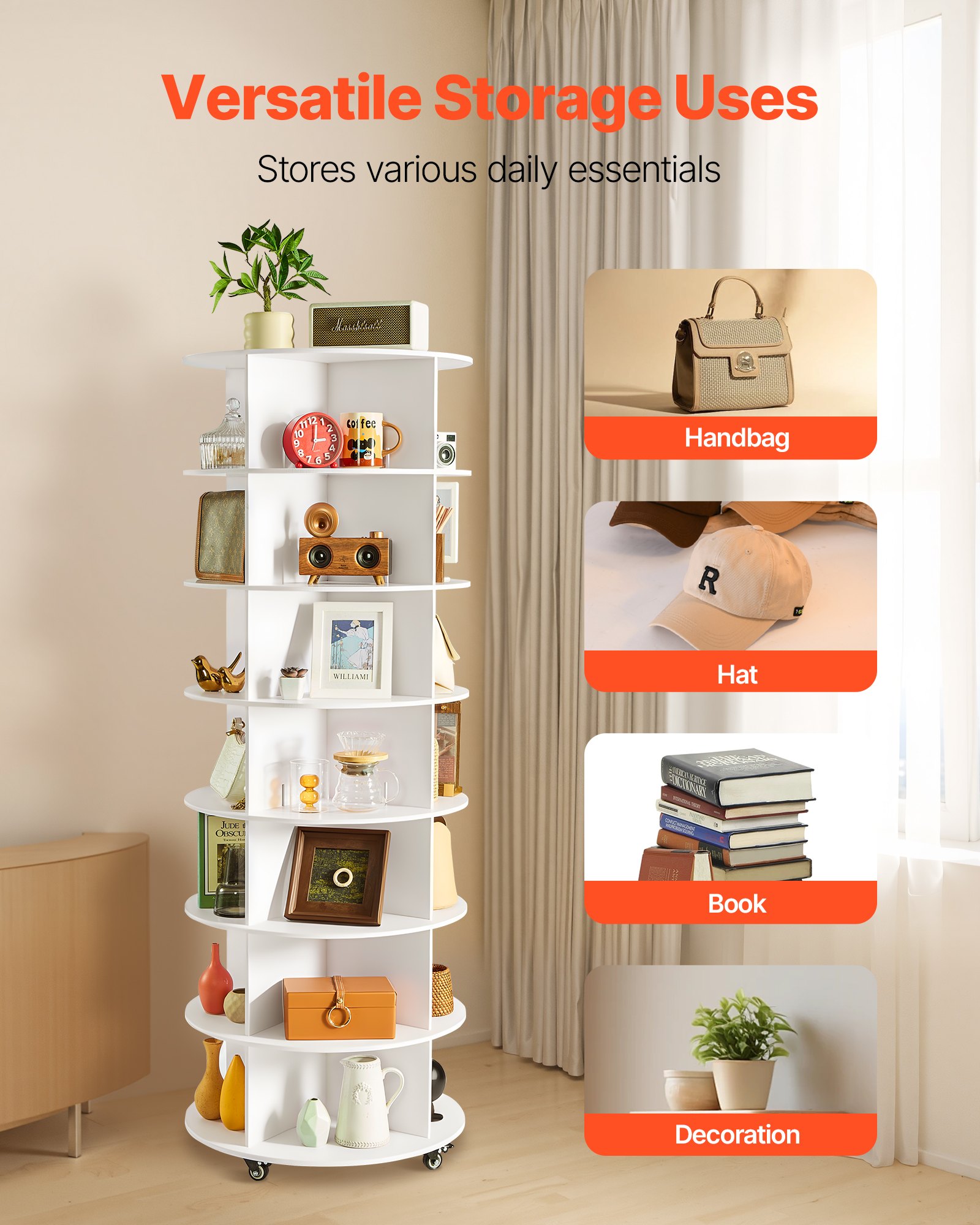 VEVOR Zapatero para 28 Pares de Zapatos, 7 Estantes y 4 Compartimentos, Giratorio 360°, con Ruedas Móviles, Ideal para Dormitorio, Sala de Estar o Recibidor Color Blanco, 598 x 598 x 1670 mm.