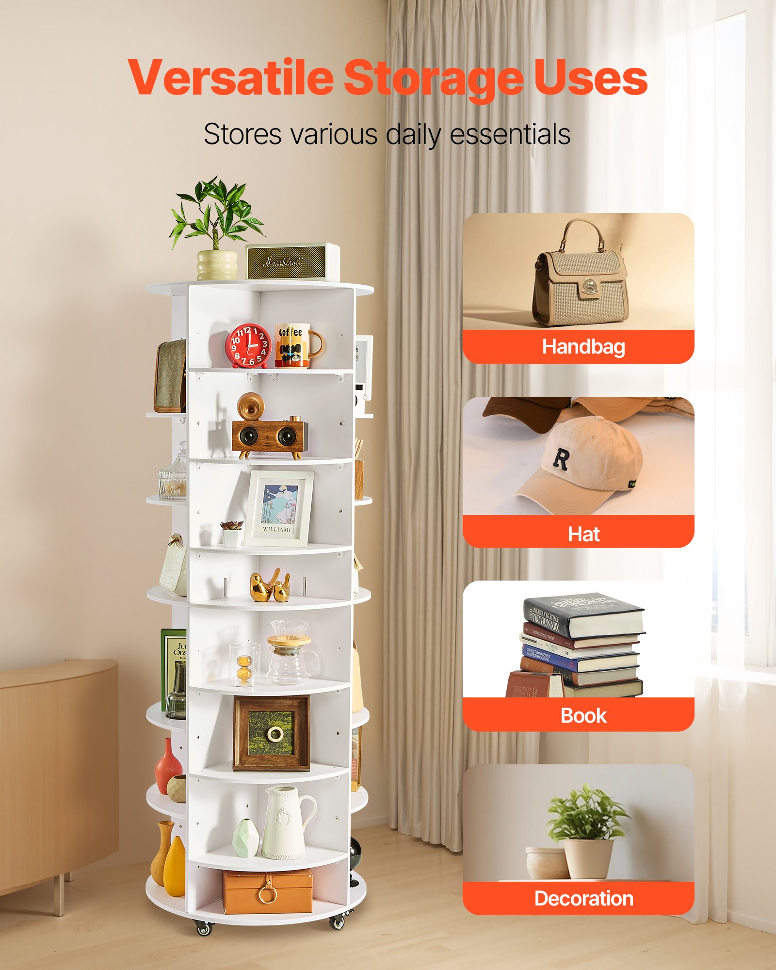 VEVOR Zapatero Ajustable, Armario para 28 Pares de Zapatos, 7 Estantes y 4 Compartimentos, Giratorio 360°, con Ruedas, Ideal para Dormitorio, Sala de Estar o Recibidor, Blanco, 588 x 588 x 1646 mm