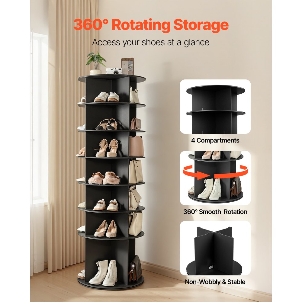 VEVOR Zapatero, Armario para 28 Pares de Zapatos, 7 Estantes y 4 Compartimentos, Giratorio 360°, Ahorra Espacio, Ideal para Dormitorio, Sala de Estar o Recibidor, Color Negro, 598 x 598 x 1805 mm