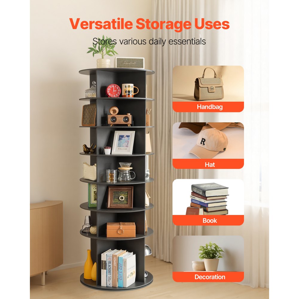 VEVOR Zapatero, Armario para 28 Pares de Zapatos, 7 Estantes y 4 Compartimentos, Giratorio 360°, Ahorra Espacio, Ideal para Dormitorio, Sala de Estar o Recibidor, Color Negro, 598 x 598 x 1805 mm