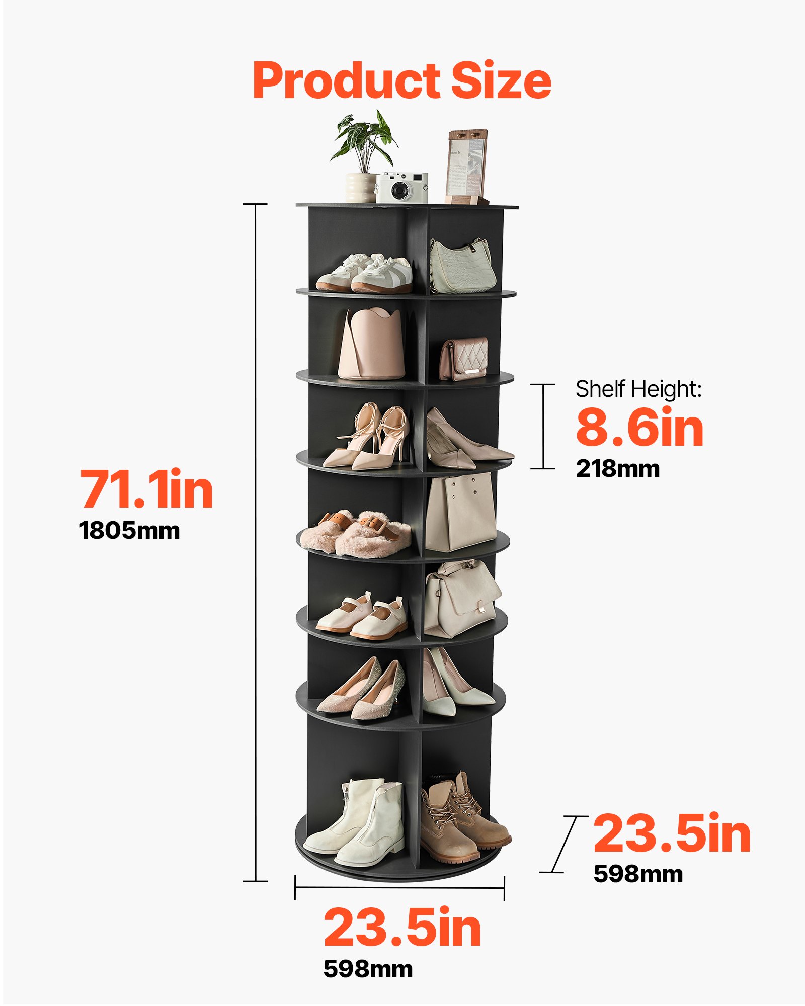 VEVOR Zapatero, Armario para 28 Pares de Zapatos, 7 Estantes y 4 Compartimentos, Giratorio 360°, Ahorra Espacio, Ideal para Dormitorio, Sala de Estar o Recibidor, Color Negro, 598 x 598 x 1805 mm