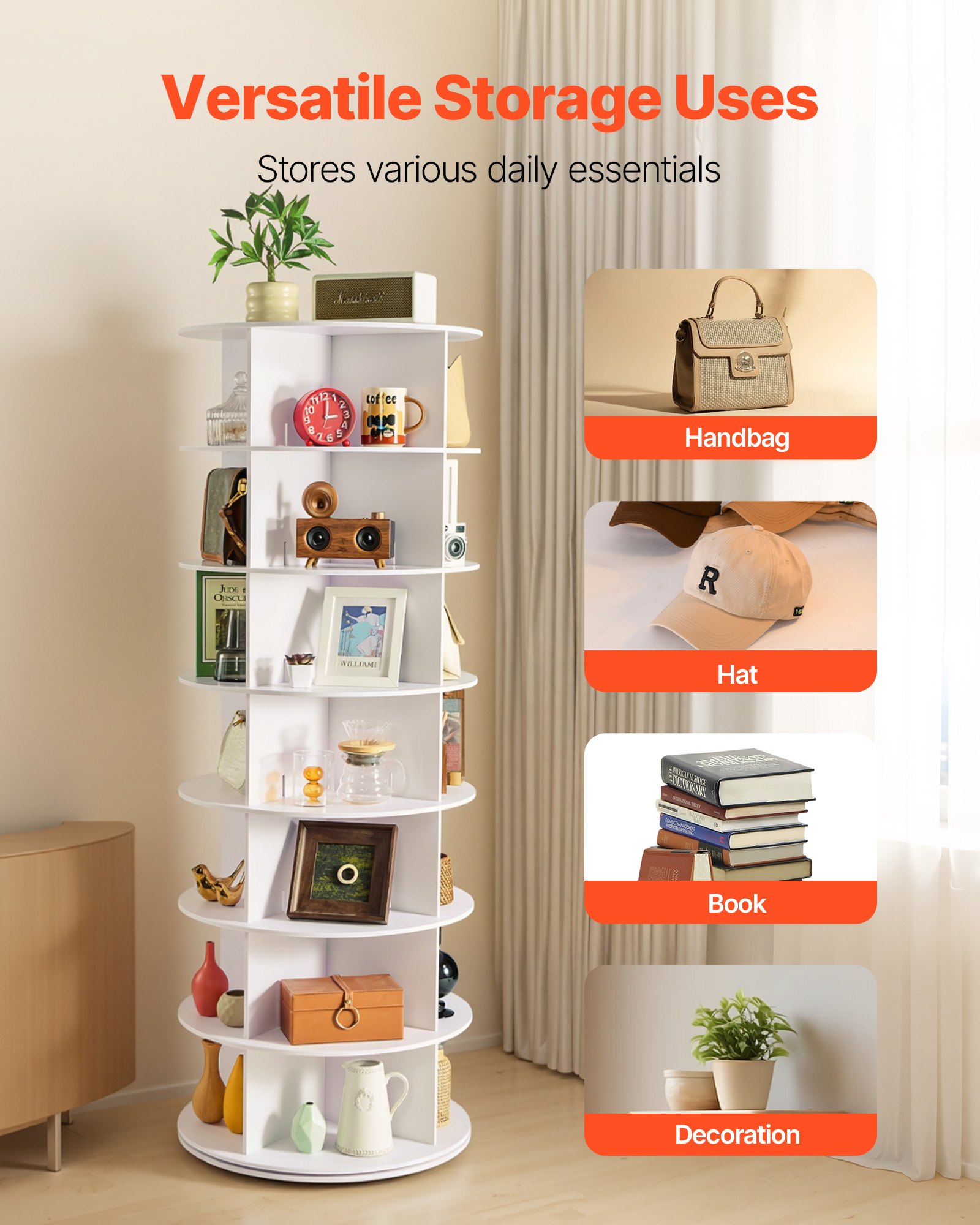 VEVOR Zapatero para 28 Pares de Zapatos, 7 Estantes y 4 Compartimentos, Giratorio 360°, Ahorra Espacio, 16 kg por Nivel, para Dormitorio, Sala de Estar o Recibidor, Blanco, 598 x 598 x 1620 mm.