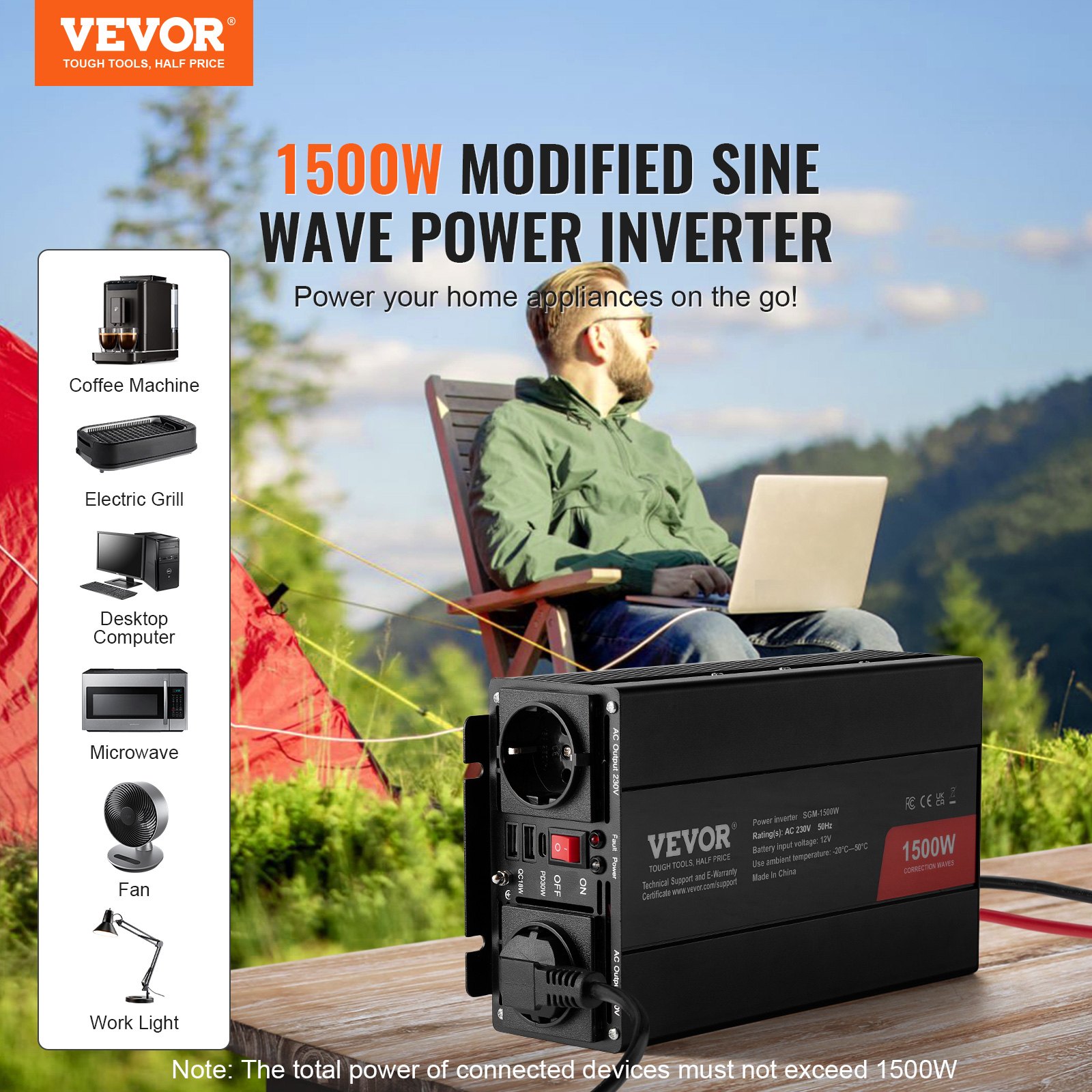 VEVOR Inversor de Corriente de Onda Sinusoidal Modificada 1500 W Inversor de Corriente CC 12 V a CA 230 V con 2 Salidas CA 2 Puertos USB, 1 Puerto Tipo C, 6 Fusibles de Repuesto para Teléfonos, PC