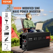 VEVOR Inversor de Corriente de Onda Sinusoidal Modificada 3000 W 12VCC-230VCA Pantalla LCD con 3 Salidas CA 2 Puertos USB 1 Puerto Tipo C 10 Fusibles de Repuesto para Equipos Domésticos de Gran Tamaño