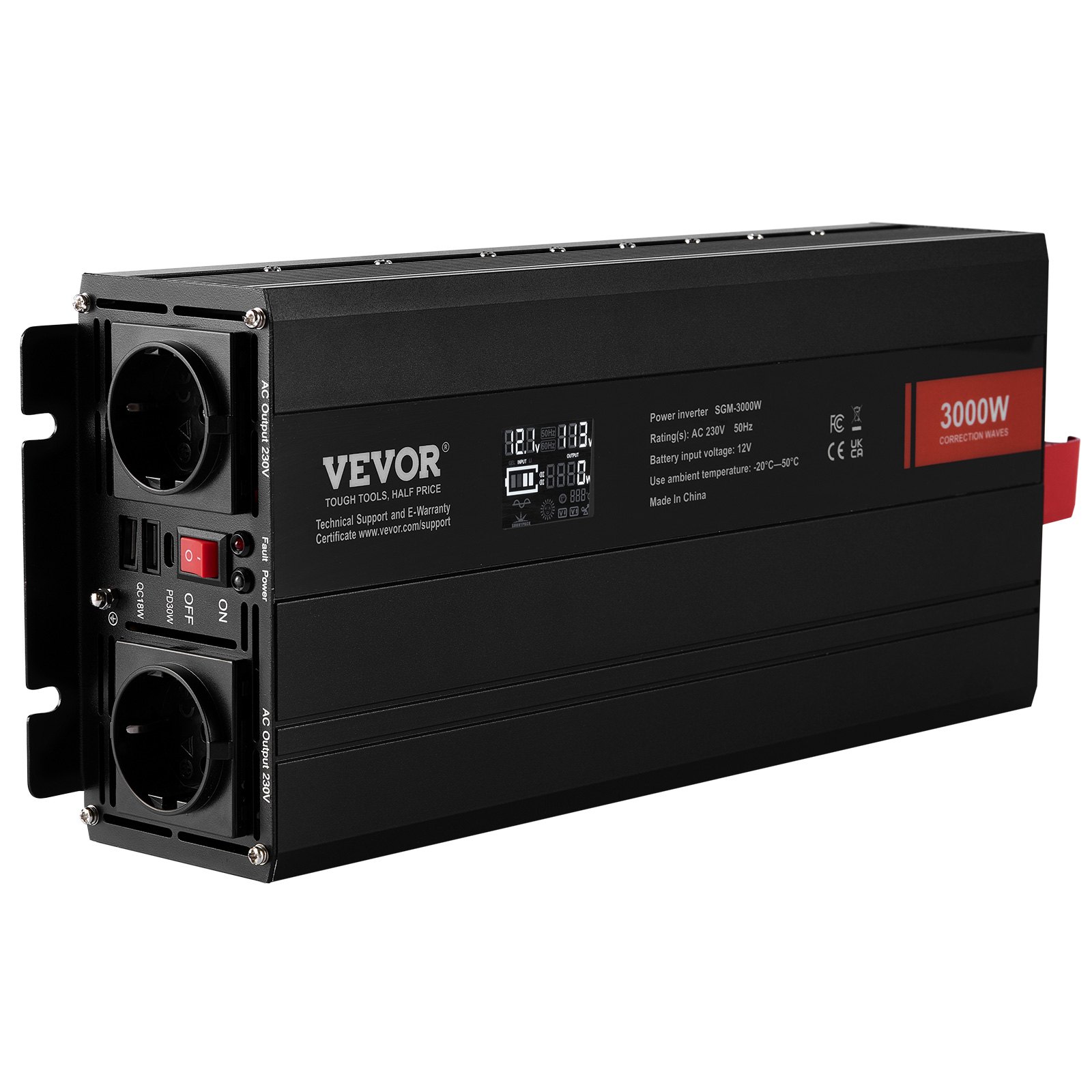 VEVOR Inversor de Corriente de Onda Sinusoidal Modificada 3000 W 12VCC-230VCA Pantalla LCD con 3 Salidas CA 2 Puertos USB 1 Puerto Tipo C 10 Fusibles de Repuesto para Equipos Domésticos de Gran Tamaño