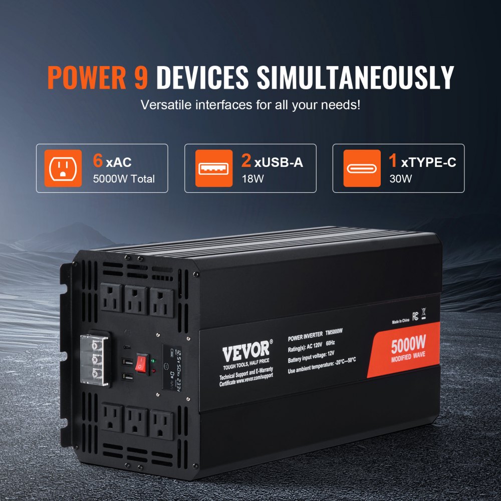 VEVOR Inversor de corriente de onda sinusoidal modificada inversor de corriente de 5000 W CC 12 V a CA 230 V con 2 salidas de CA, 2 puertos USB, 1 puerto tipo C, pantalla LCD y control remoto