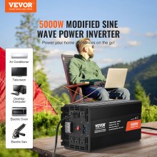 VEVOR Inversor de corriente de onda sinusoidal modificada inversor de corriente de 5000 W CC 12 V a CA 230 V con 2 salidas de CA, 2 puertos USB, 1 puerto tipo C, pantalla LCD y control remoto
