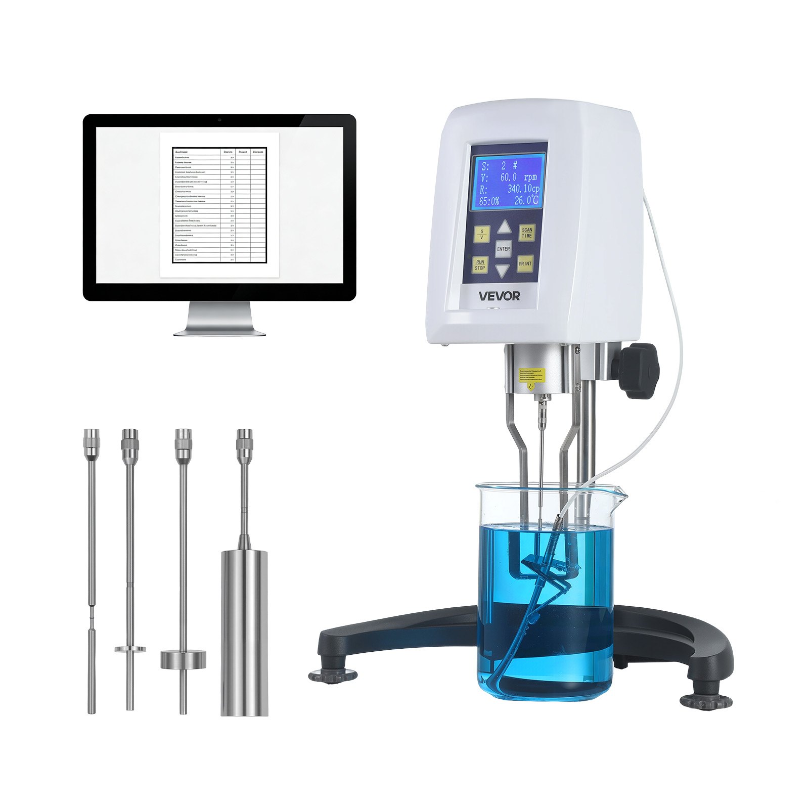VEVOR Viscosímetro Rotatorio Digital 10-100.000 cP, Medidor de Viscosidad 100-240 V con 4 Rotores 1#, 2#, 3# y 4#, Sonda de Temperatura, Pantalla LCD, Probador de Viscosidad para Análisis de Fluidos