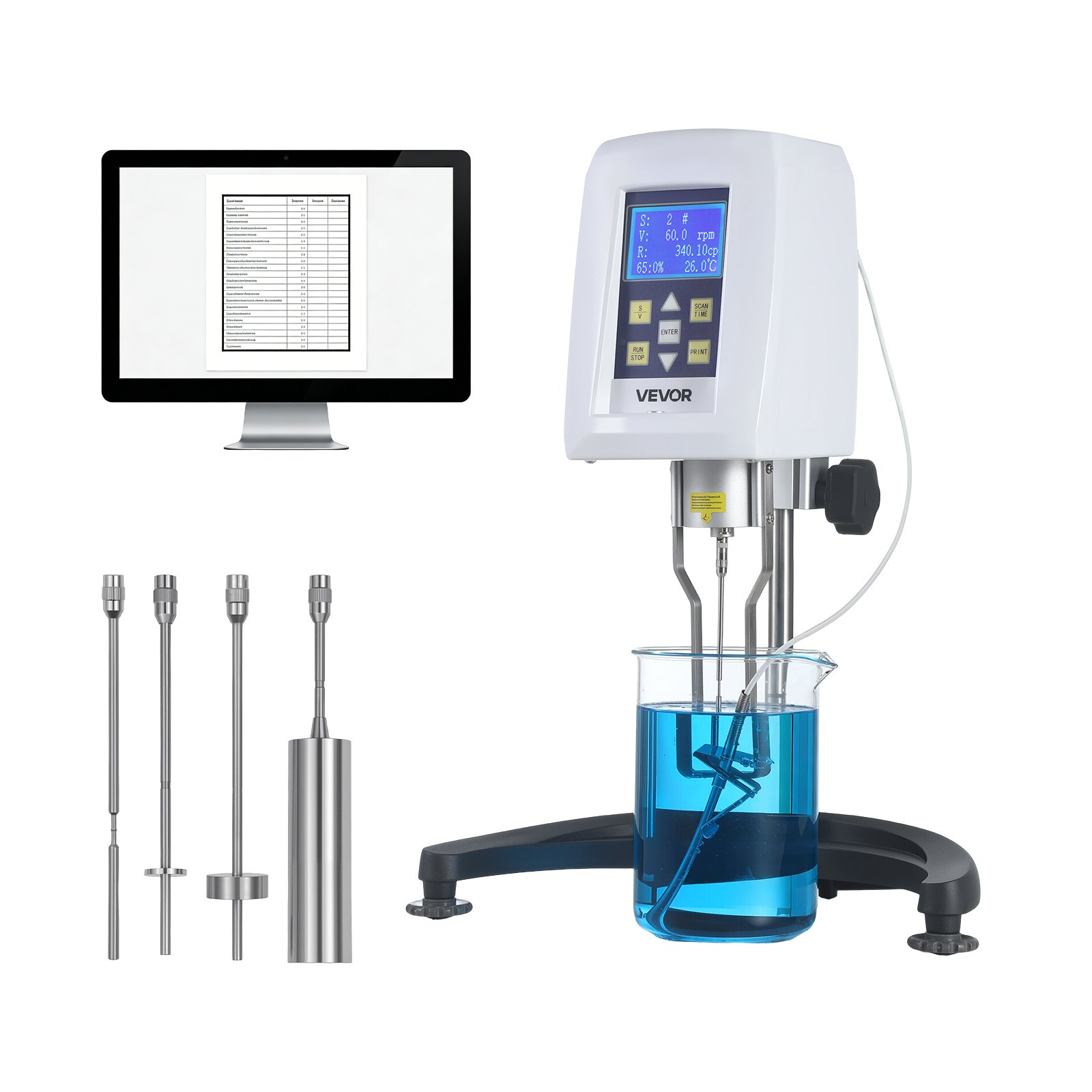 VEVOR Viscosímetro Rotatorio Digital 10-100.000 cP, Medidor de Viscosidad 100-240 V con 4 Rotores 1#, 2#, 3# y 4#, Sonda de Temperatura, Pantalla LCD, Probador de Viscosidad para Análisis de Fluidos