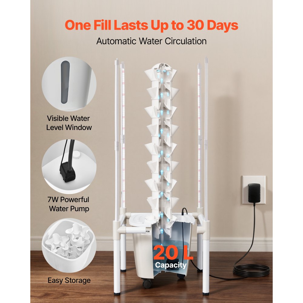 VEVOR Kit de Cultivo Hidropónico, Sistema de Torre Hidropónica de 9 Niveles 45 Agujeros, con Luces de Crecimiento Control por APP Ruedas Bomba de Agua, Depósito de 20 L, para Hierbas Frutas Vegetales