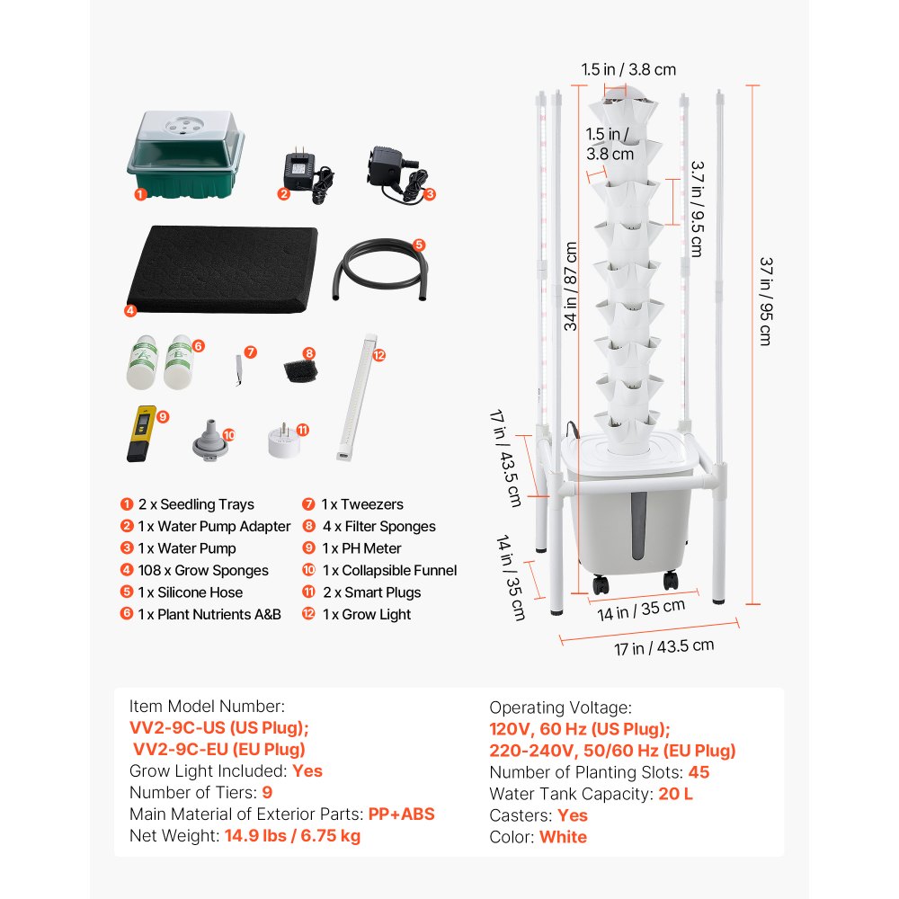 VEVOR Kit de Cultivo Hidropónico, Sistema de Torre Hidropónica de 9 Niveles 45 Agujeros, con Luces de Crecimiento Control por APP Ruedas Bomba de Agua, Depósito de 20 L, para Hierbas Frutas Vegetales