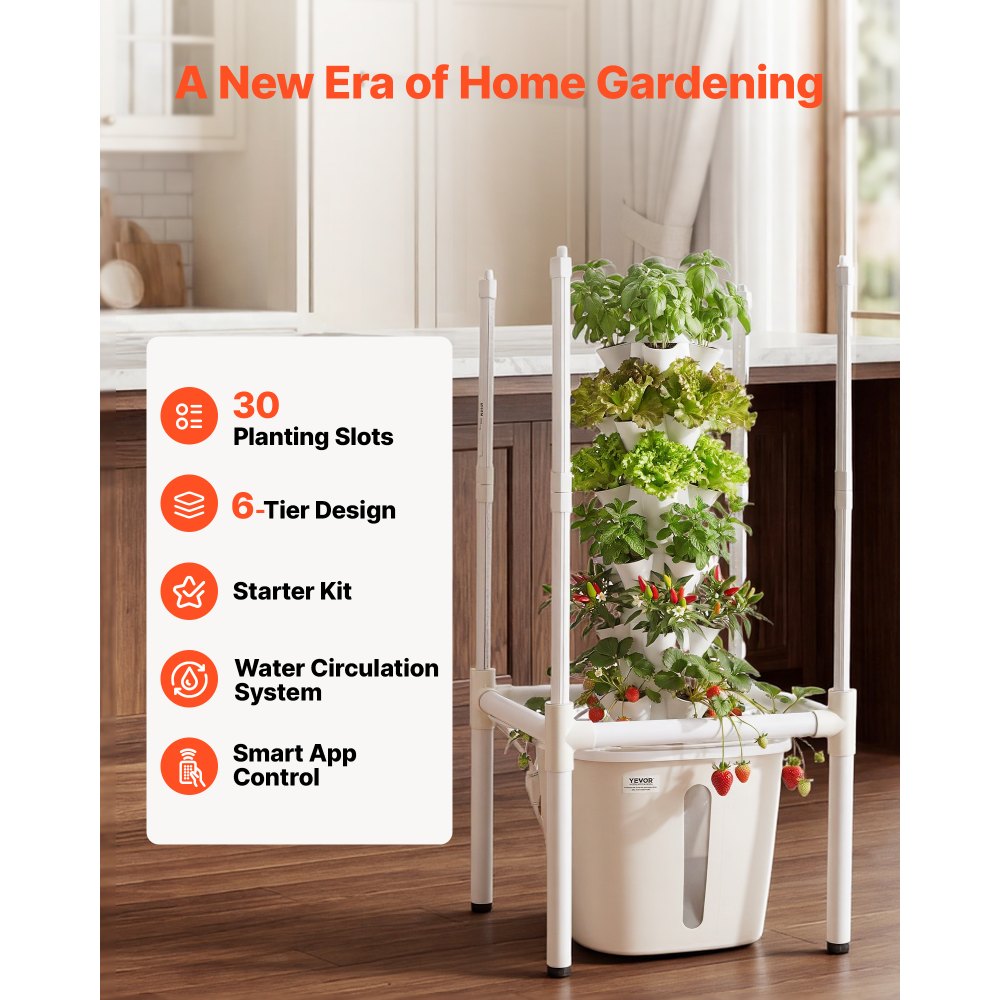VEVOR Kit de Cultivo Hidropónico, Sistema de Torre Hidropónica, 6 Niveles y 30 Agujeros, con Luces LED Control de APP Bomba de Agua y Depósito de 20 L, Plantador Interior para Hierbas Frutas Vegetales