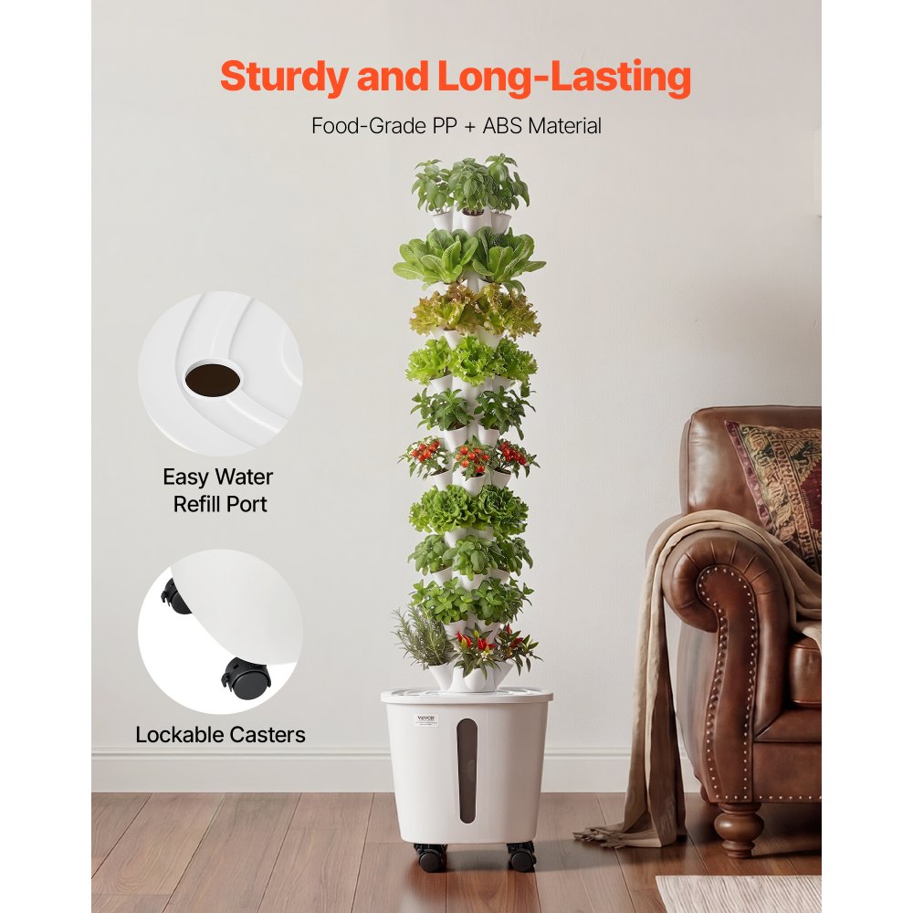 VEVOR Kit de Cultivo Hidropónico, Sistema de Torre Hidropónica, 10 Niveles y 50 Agujeros, con Ruedas Bomba de Agua y Depósito de 20 Litros, Control Inteligente, Torre de Plantación para Hierbas Frutas