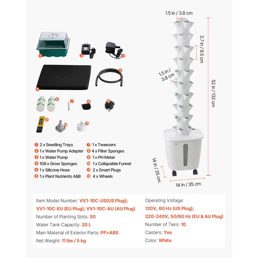 VEVOR Kit de Cultivo Hidropónico, Sistema de Torre Hidropónica, 10 Niveles y 50 Agujeros, con Ruedas Bomba de Agua y Depósito de 20 Litros, Control Inteligente, Torre de Plantación para Hierbas Frutas