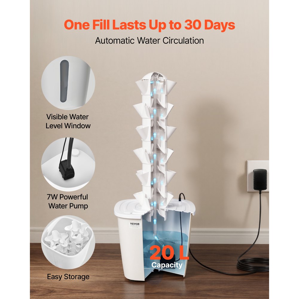 VEVOR Kit de Cultivo Hidropónico, Sistema de Torre Hidropónica de 6 Niveles y 30 Agujeros, con Bomba de Agua y Depósito de 20 L, Control de APP, Jardín Vertical Interior para Hierbas Frutas Verduras