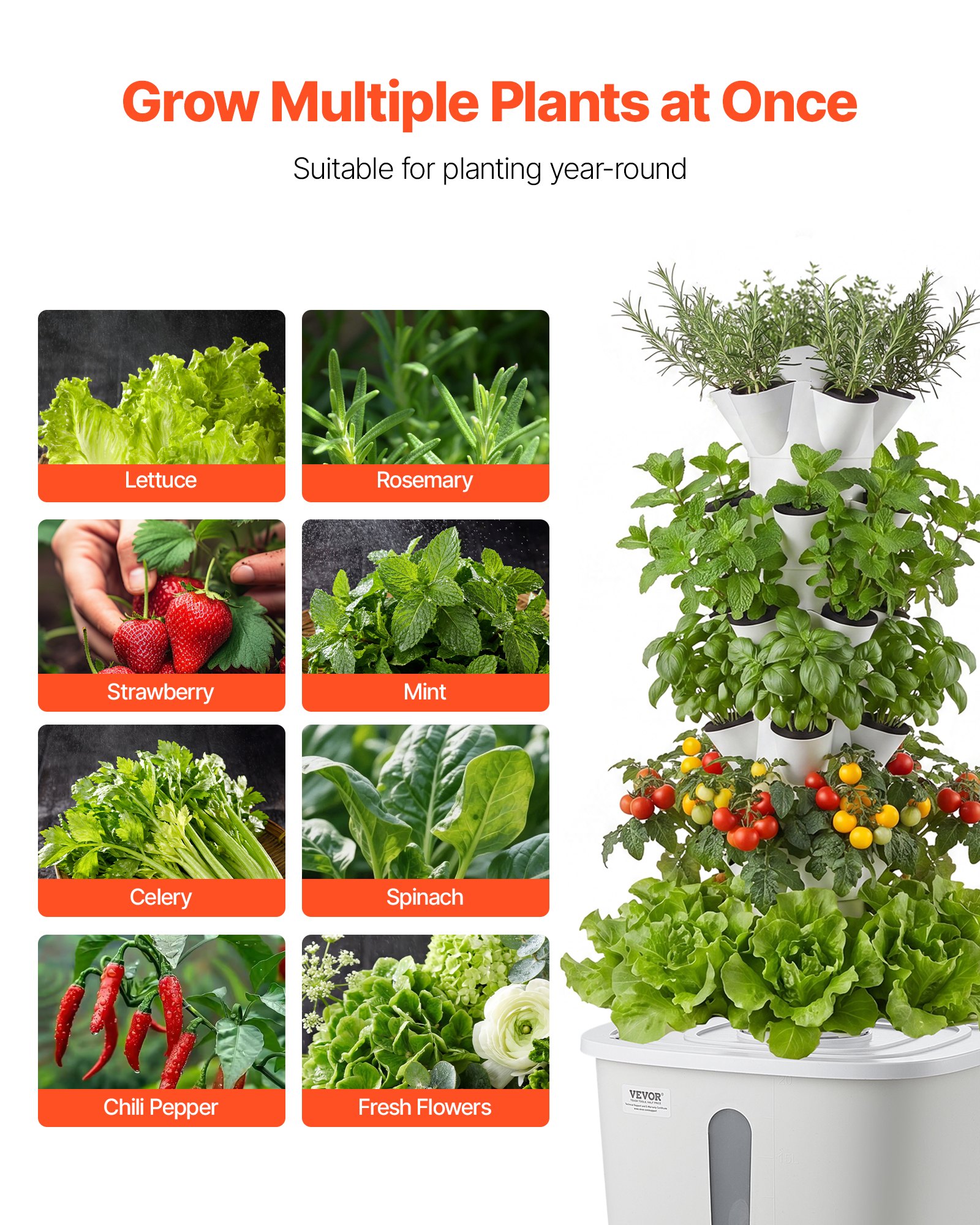 VEVOR Kit de Cultivo Hidropónico, Sistema de Torre Hidropónica de 6 Niveles y 30 Agujeros, con Bomba de Agua y Depósito de 20 L, Control de APP, Jardín Vertical Interior para Hierbas Frutas Verduras
