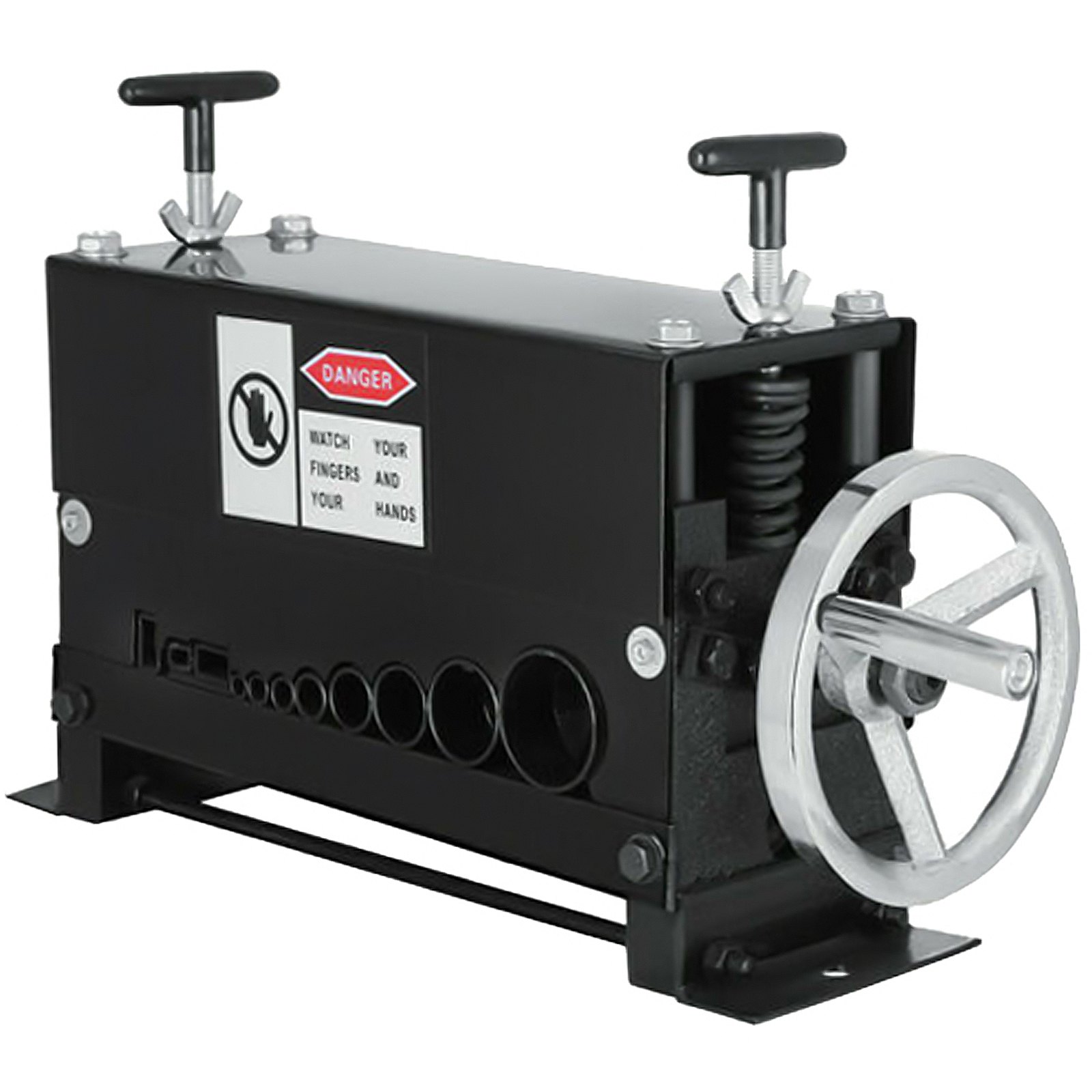 Máquina peladora de cables VEVOR con manivela manual y etiqueta de advertencia de seguridad.