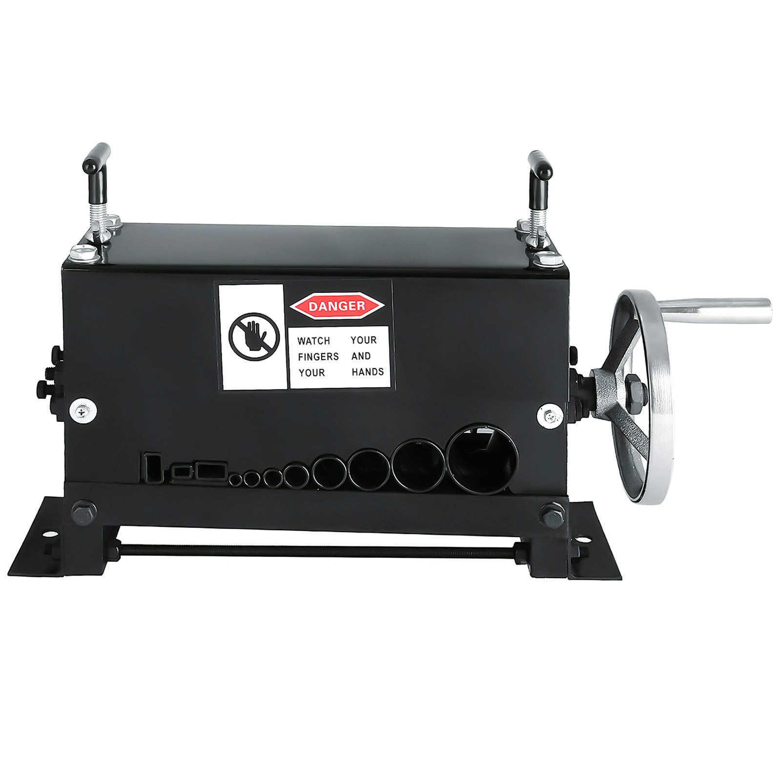 Máquina peladora de cables VEVOR negra con manivela y etiqueta de advertencia de seguridad.