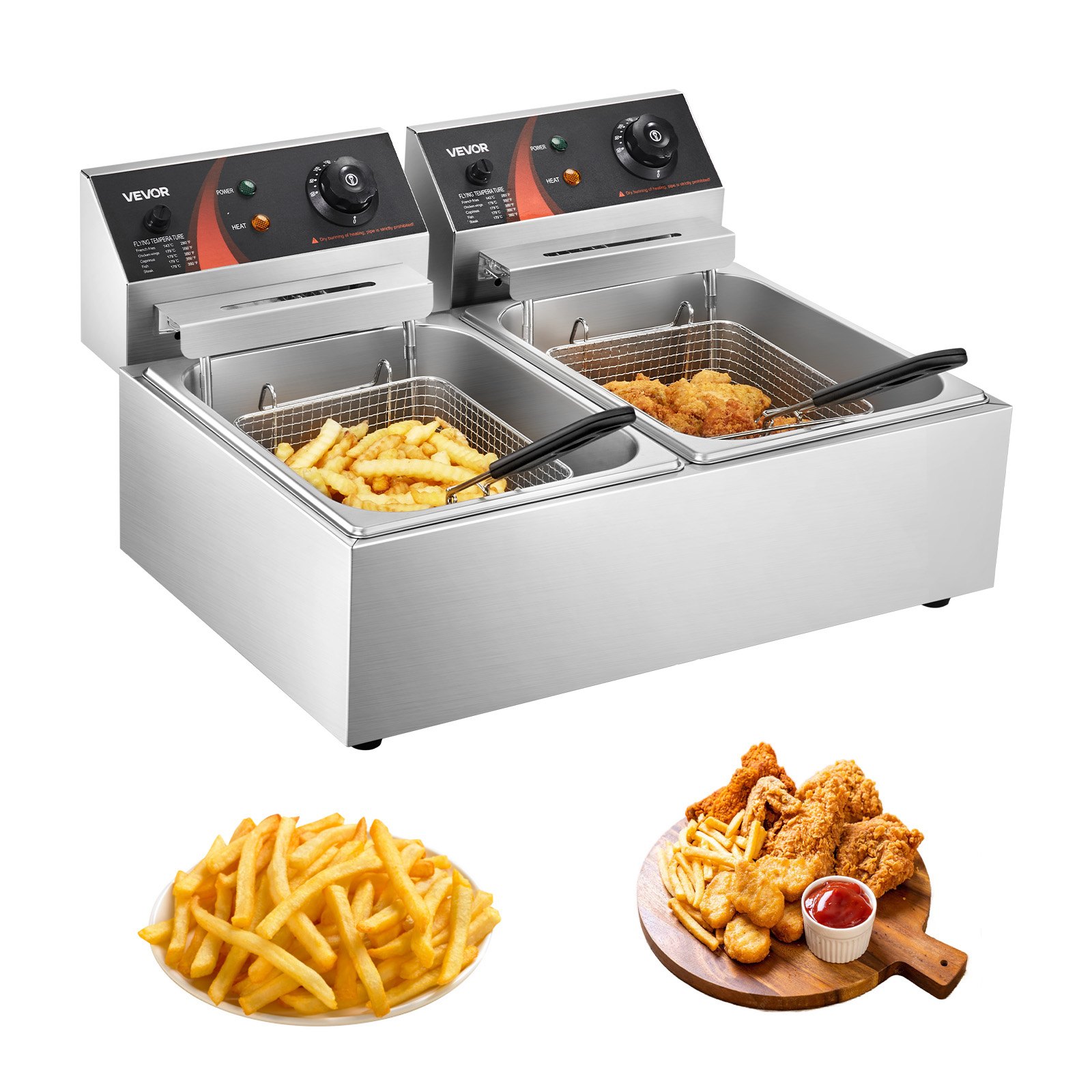 VEVOR Freidora de Patatas Eléctrica 5000 W Doble Tanque de Acero Inoxidable Grado Alimenticio con Control de Temperatura Ajustable Freidora de Doble Chip Fácil de Limpiar con Cesta Doble y Tapa