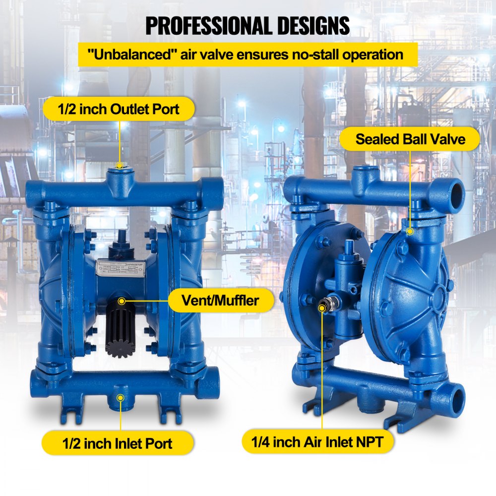 VEVOR Bomba neumática de doble diafragma entrada y salida de 1/2" Hierro fundido 11.4L/min(3GPM) 120 PSI Bomba neumática de transferencia de diafragma de nitrilo para petróleo, diesel, aceite