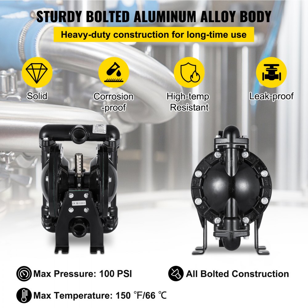 VEVOR Bomba de Diafragma Dual Accionada por Aire Entrada y Salida de 25 mm Aluminio Caudal Máximo 85L/min (22GPM) 120 PSI Diafragma de Nitrilo