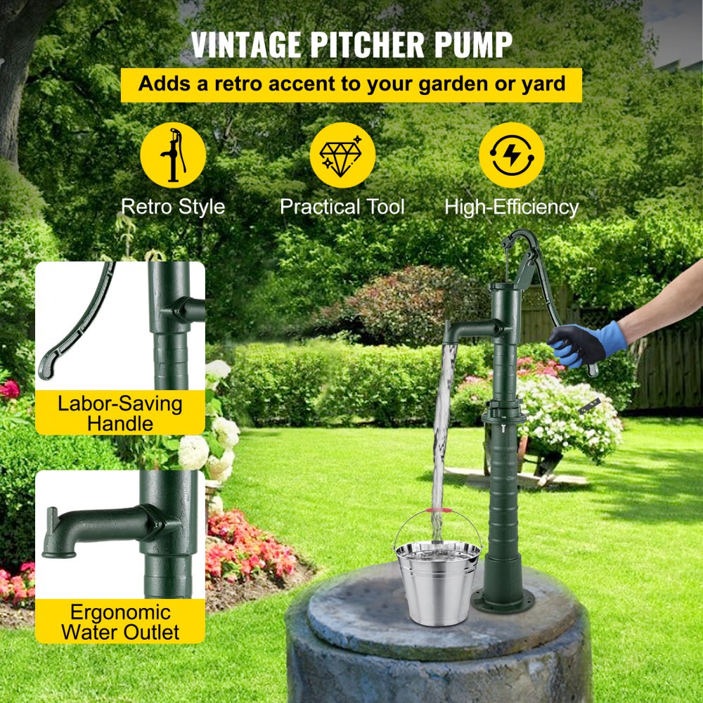 VEVOR Bomba de Mano de Hierro Fundido con Soporte 131 cm Bomba de Agua Manual Antigua, Profundidad Máxima de Bomba de 6 m, Bomba Manual Decorativa para Jardín al Aire Libre con Mango Ergonómico, Verde