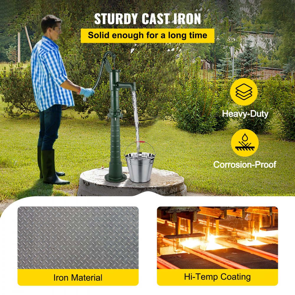 VEVOR Bomba de Mano de Hierro Fundido con Soporte 131 cm Bomba de Agua Manual Antigua, Profundidad Máxima de Bomba de 6 m, Bomba Manual Decorativa para Jardín al Aire Libre con Mango Ergonómico, Verde