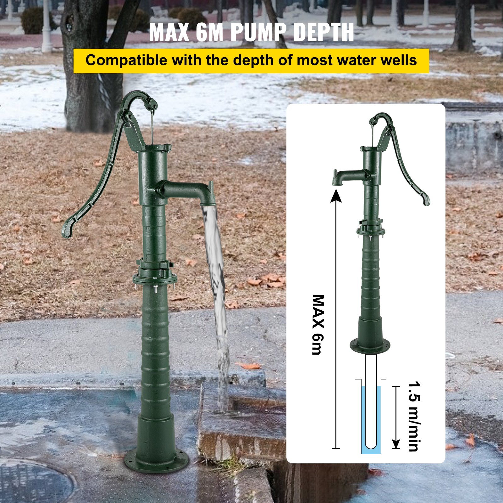 VEVOR Bomba de Mano de Hierro Fundido con Soporte 131 cm Bomba de Agua Manual Antigua, Profundidad Máxima de Bomba de 6 m, Bomba Manual Decorativa para Jardín al Aire Libre con Mango Ergonómico, Verde