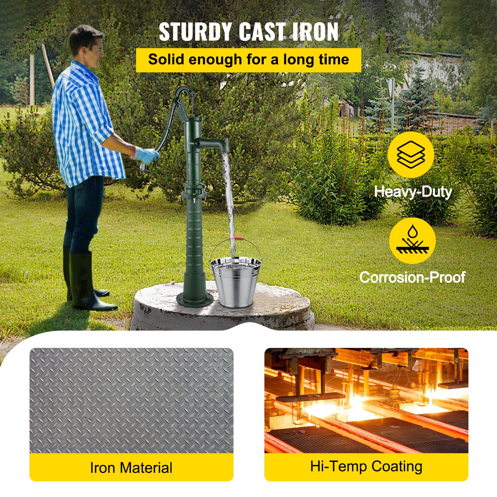 VEVOR Bomba de Mano de Hierro Fundido con Soporte 131 cm Bomba de Agua Manual Antigua, Profundidad Máxima de Bomba de 6 m, Bomba Manual Decorativa para Jardín al Aire Libre con Mango Ergonómico, Verde