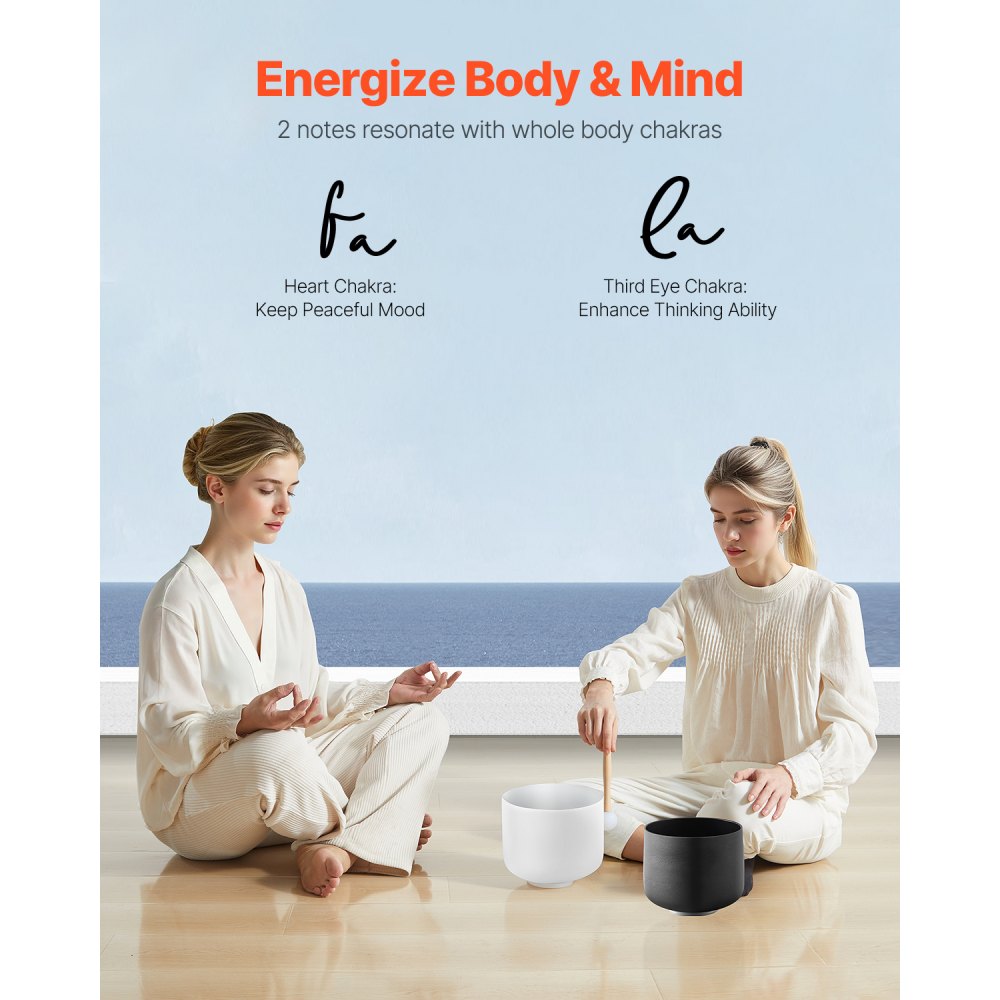 VEVOR 2 Cuencos de Cristal para Cantar, con Notas A y F, Cuenco de Cuarzo Esmerilado con Bolsa de Transporte, 1 Mazo de Goma y 2 Juntas Tóricas, Ideal para Meditación, Yoga, Sanación con Sonido
