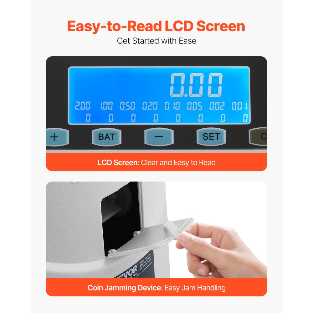 VEVOR Clasificadora de Monedas EURO, Contadora de Monedas para 8 Tipos de Monedas de Euro con Pantalla LCD, Almacenamiento de Monedas, 5 Tubos y Cajas para Monedas Admite hasta 850 Monedas