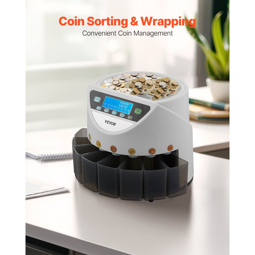 VEVOR Clasificadora de Monedas EURO, Contadora de Monedas para 8 Tipos de Monedas de Euro con Pantalla LCD, Almacenamiento de Monedas, 5 Tubos y Cajas para Monedas Admite hasta 850 Monedas