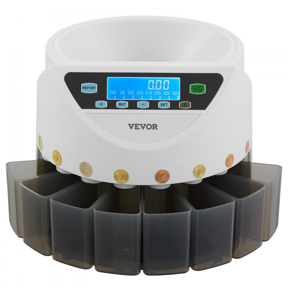 VEVOR Euro Coin Sorter, Coin Counting Machine for 8 Types of Euro Coins, Automatic Coin Counting Machine for up to 850 Coins, Large LCD Display, Coin Storage including 5 Coin Tubes & 8 Coin Boxes