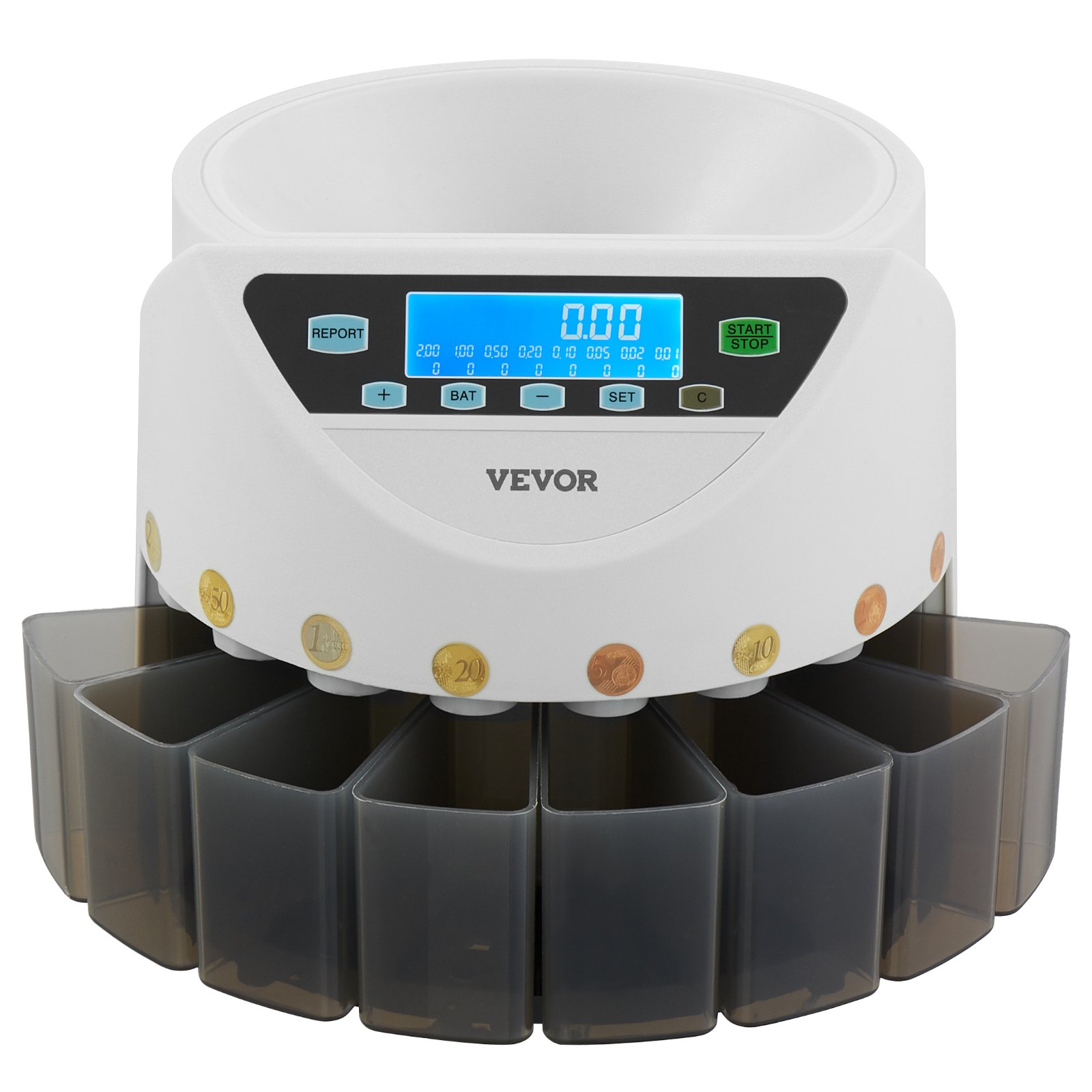 VEVOR Clasificadora de Monedas EURO, Contadora de Monedas para 8 Tipos de Monedas de Euro con Pantalla LCD, Almacenamiento de Monedas, 5 Tubos y Cajas para Monedas Admite hasta 850 Monedas