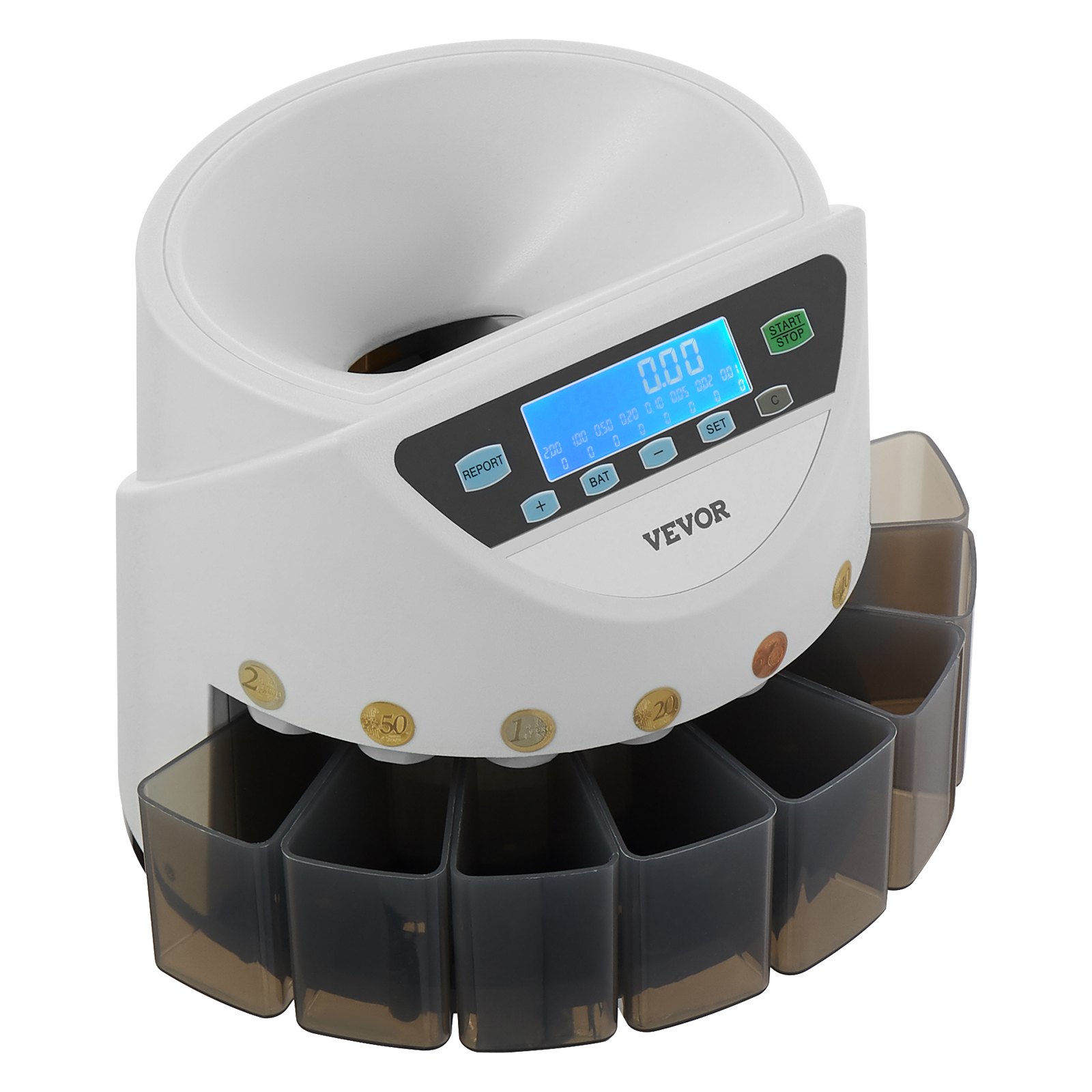 VEVOR Clasificadora de Monedas EURO, Contadora de Monedas para 8 Tipos de Monedas de Euro con Pantalla LCD, Almacenamiento de Monedas, 5 Tubos y Cajas para Monedas Admite hasta 850 Monedas